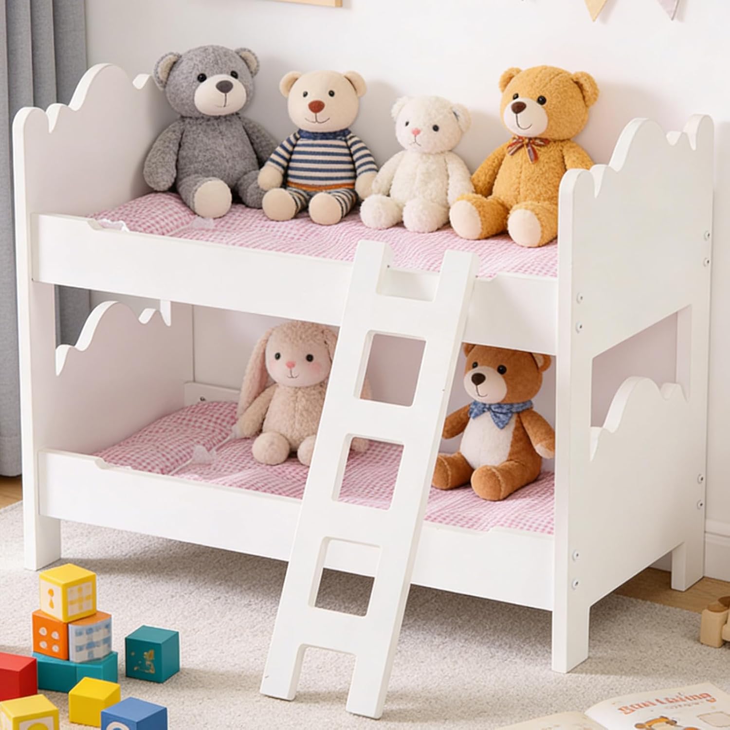 Doll Bunk Bed, Wooden Doll Bed for 18 Inch Dolls with Ladder & Pink Bedding, Easy Assembly American Girl Doll Furniture, White and Pink Pretend Play for Kids