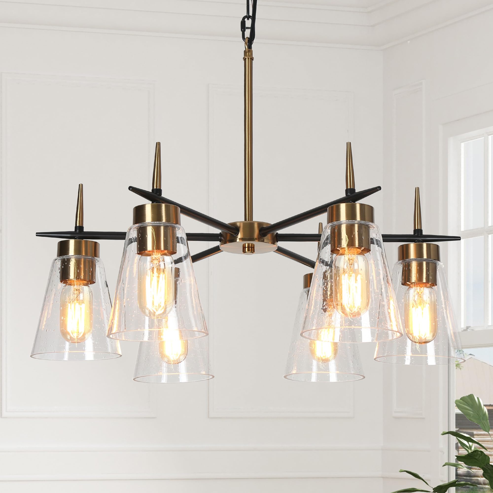 KSANA Black and Gold Chandeliers, Mid-Century Modern Hanging Light Fixtures, 6-Light Dining Room Chandelier with Seeded Glass Shade for Kitchen Island and Living Room 23.5”D