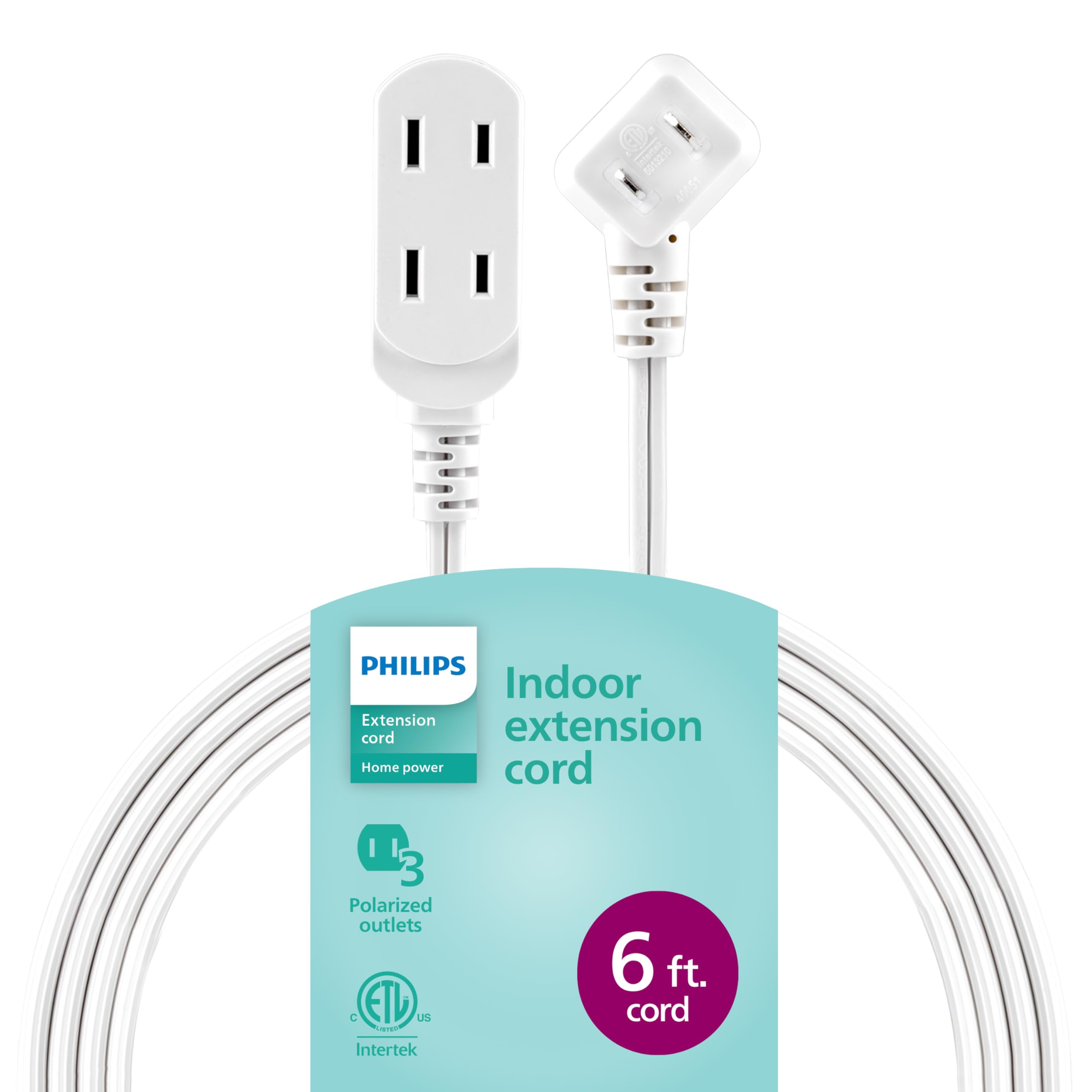 3-Outlet Flat Plug Extension Cord 6 Ft by PHILIPS – 6 Ft, White, Model SPS3613W/37