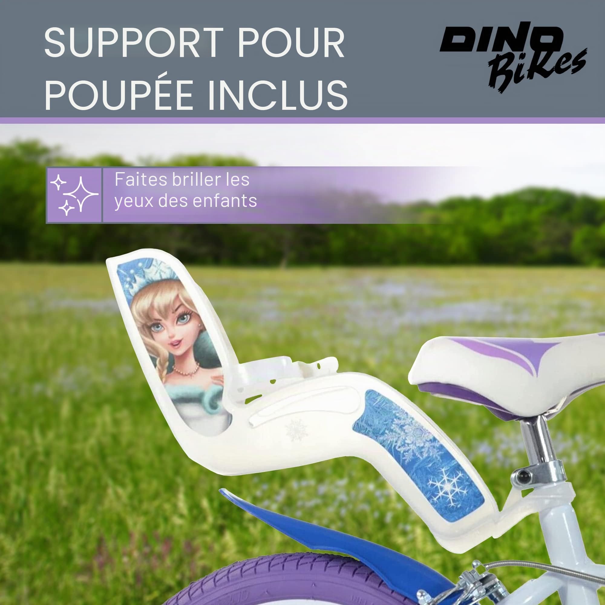 Dino Bikes - Vélo pour enfant La Reine des Neiges - Vélo fille avec stabilisateurs amovibles à partir de 2 ans - Vélo enfant avec panier avant et porte-poupée - Hauteur de selle et guidon réglables