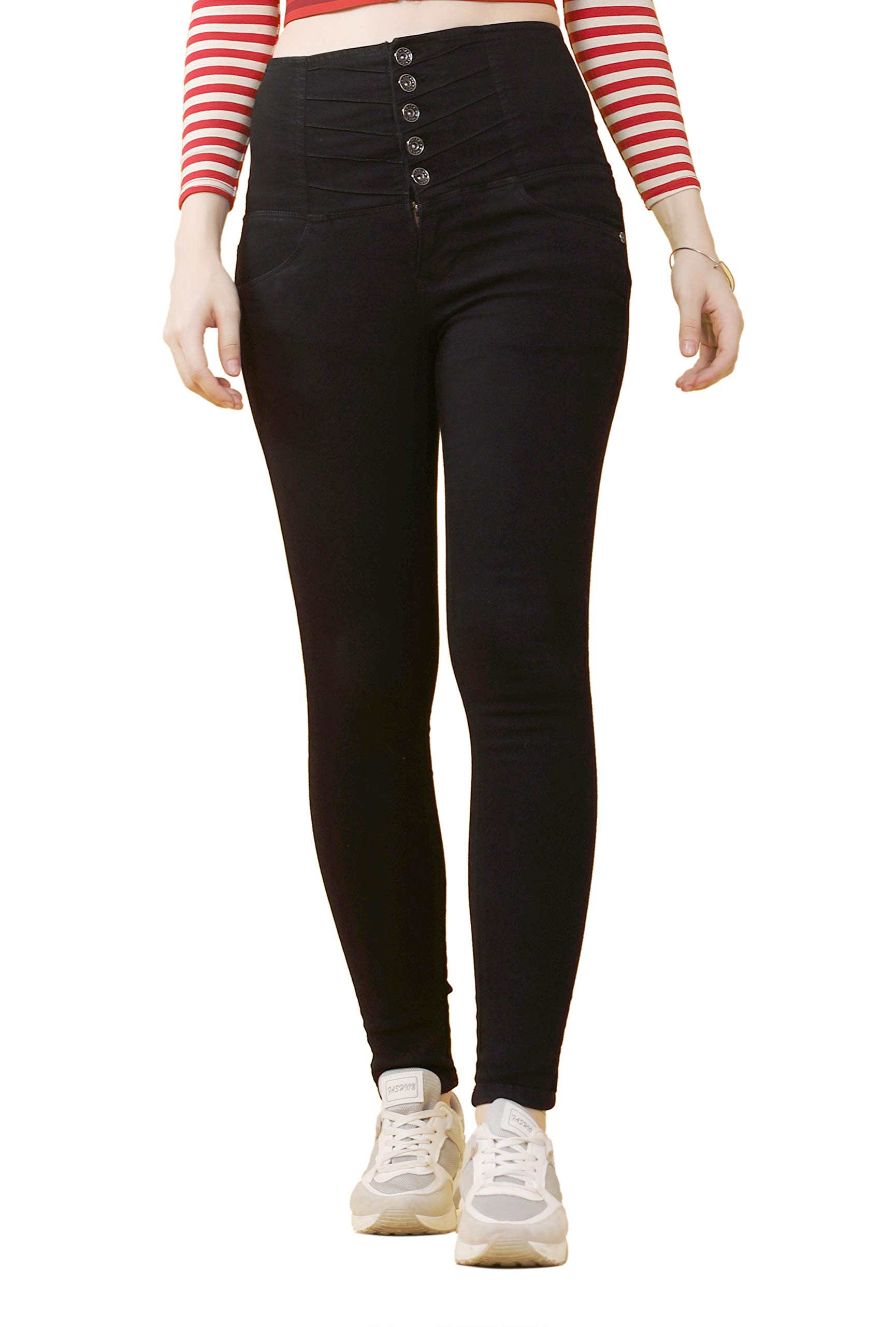 FCK-3Sliky Stretchable Denim Ankle Length 5 Buttons Broad Waist Band Embroidered Jeans Pant for Women