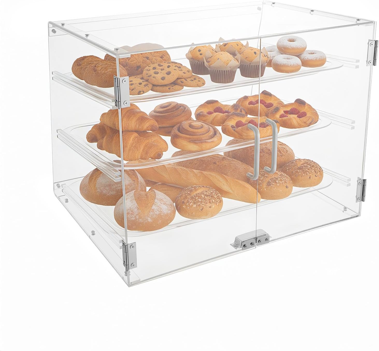 3-Tier Acrylic Bakery Display Case with Light – 21.26" Countertop Pastry Showcase for Donuts, Cookies & Baked Goods – Magnetic Door, 11lbs/Layer