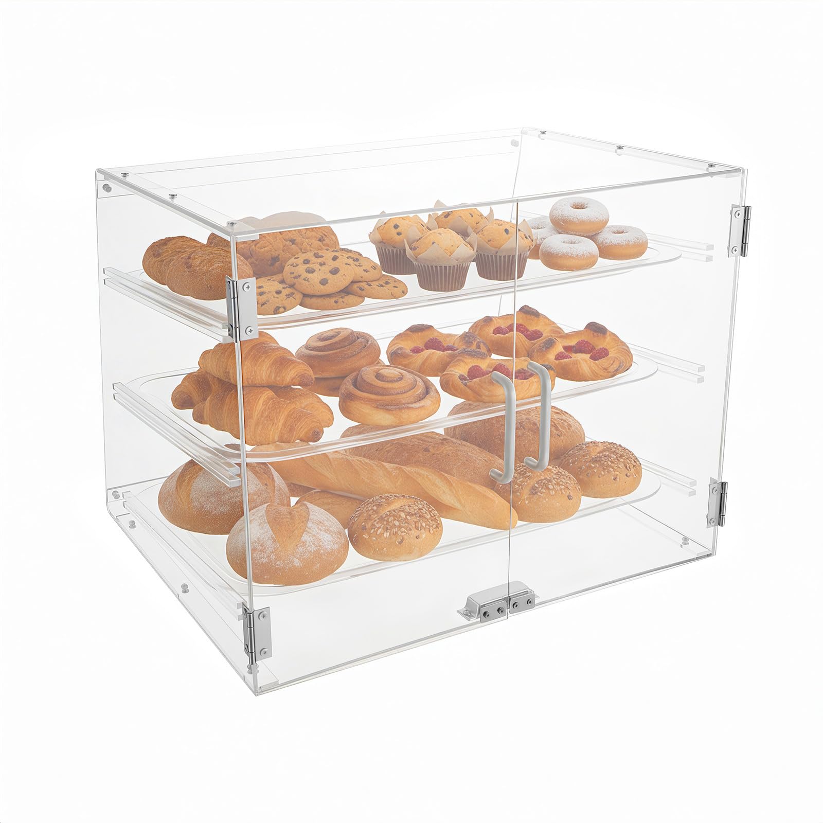Gebäck-Vitrine 3-stöckige Bäckerei-Vitrine aus Acryl Abnehmbare Regale Magnetverschluss 54 x 44 x 42 cm Lebensmittelbox für Brot, Dessert, Kekse, Backen