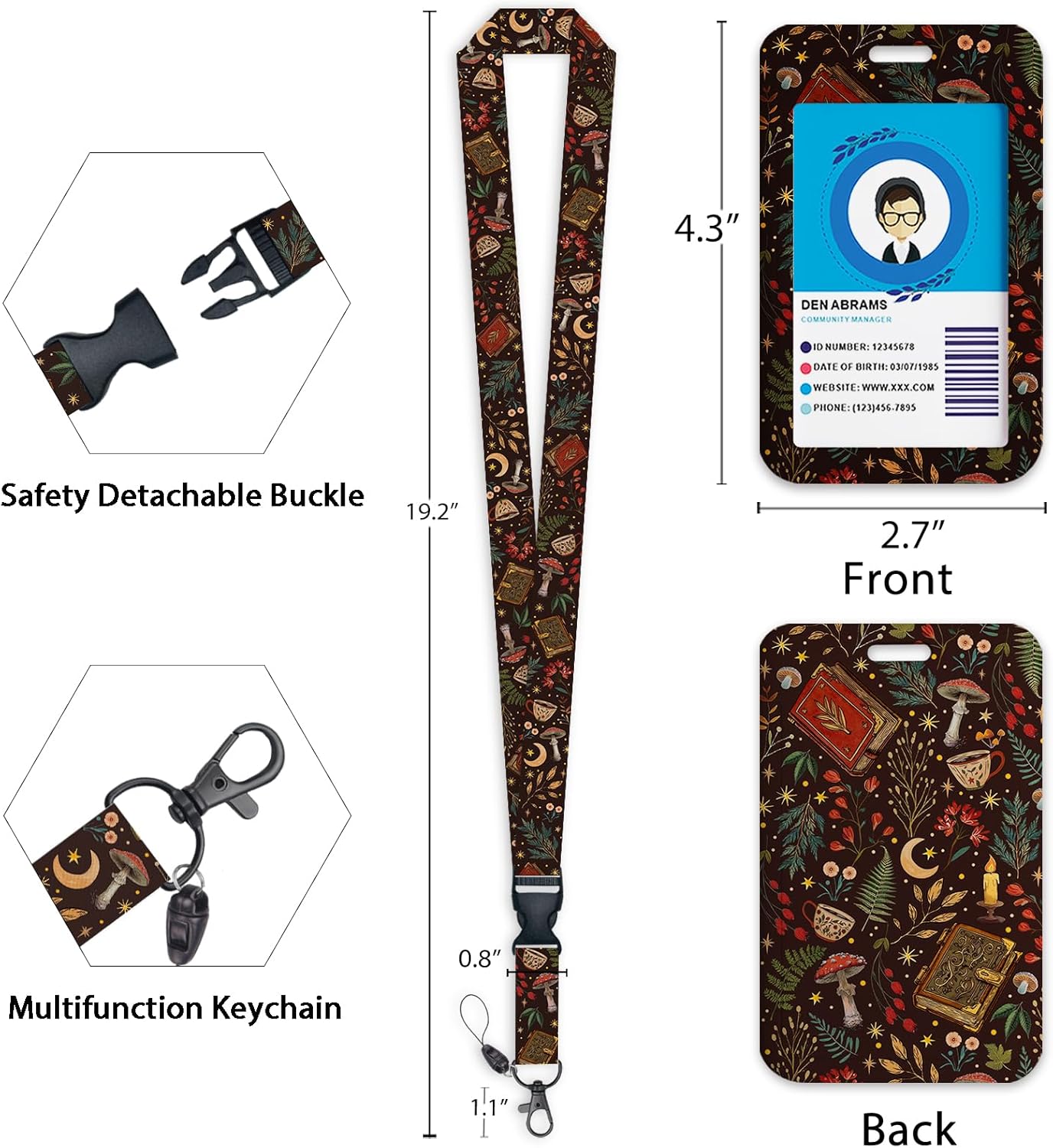 Giancomics Book Mushroom Lanyards for Id Badges, Witchy ID Badge Holder with Retractable Reel, Flower Teacher Lanyard with Keychain Key Clip Carabiner Name Tag Card Holder Protector Office Women Gift - Image 4