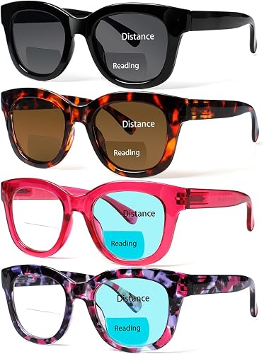 Henotin 4 Pack Bifocal Reading Glasses include Sun Readers for Women Square Blue