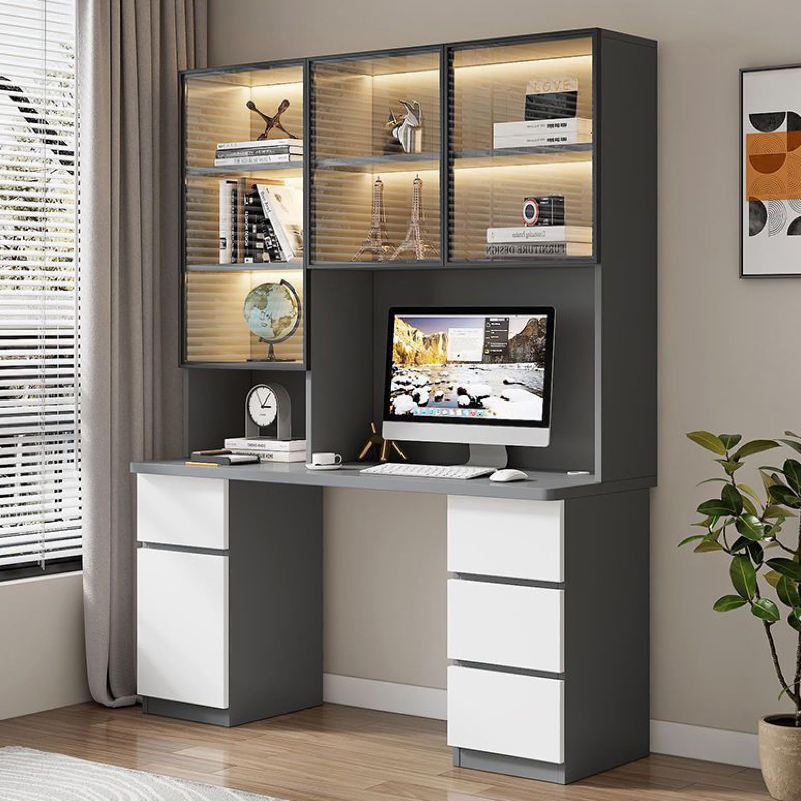 MESCXTY Home Office Desk with Drawers, Computer Glass Door Modern Study Writing Compact & Workstation(80CM, Gray1)