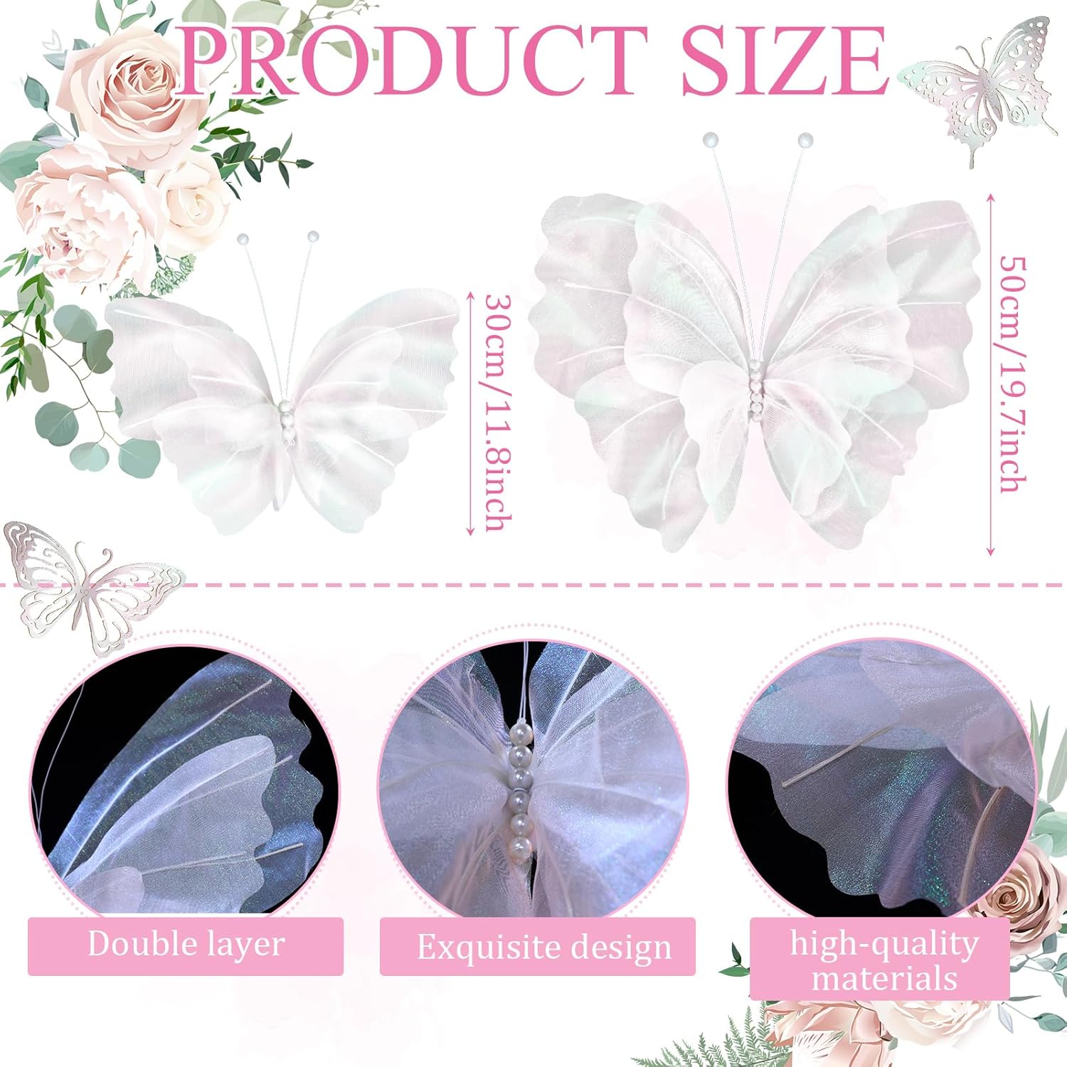 Geelin 6 Pcs Large White Butterfly Decorations Mariposas Grandes para Decoracion Big Butterfly Party Decor 20 Inch 12 Inch 3D Silk Butterflies for Baby Shower Women Birthday Party Wedding Decor - Image 2