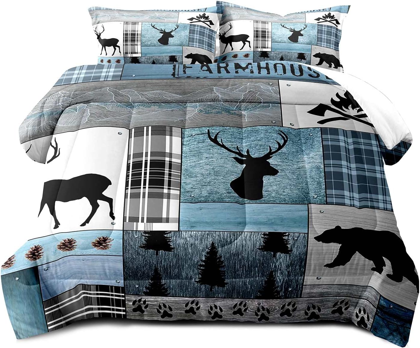 LUVIVIHOME 3PCS Rustic Cabin Comforter Set Queen Size, Farmhouse Bedding, Black Bear Deer Elk Moose Forest Animal Wildlife Hunting Country Lodge Blue Buffalo Plaid Patchwork Quilt, 2 Pillow Shams