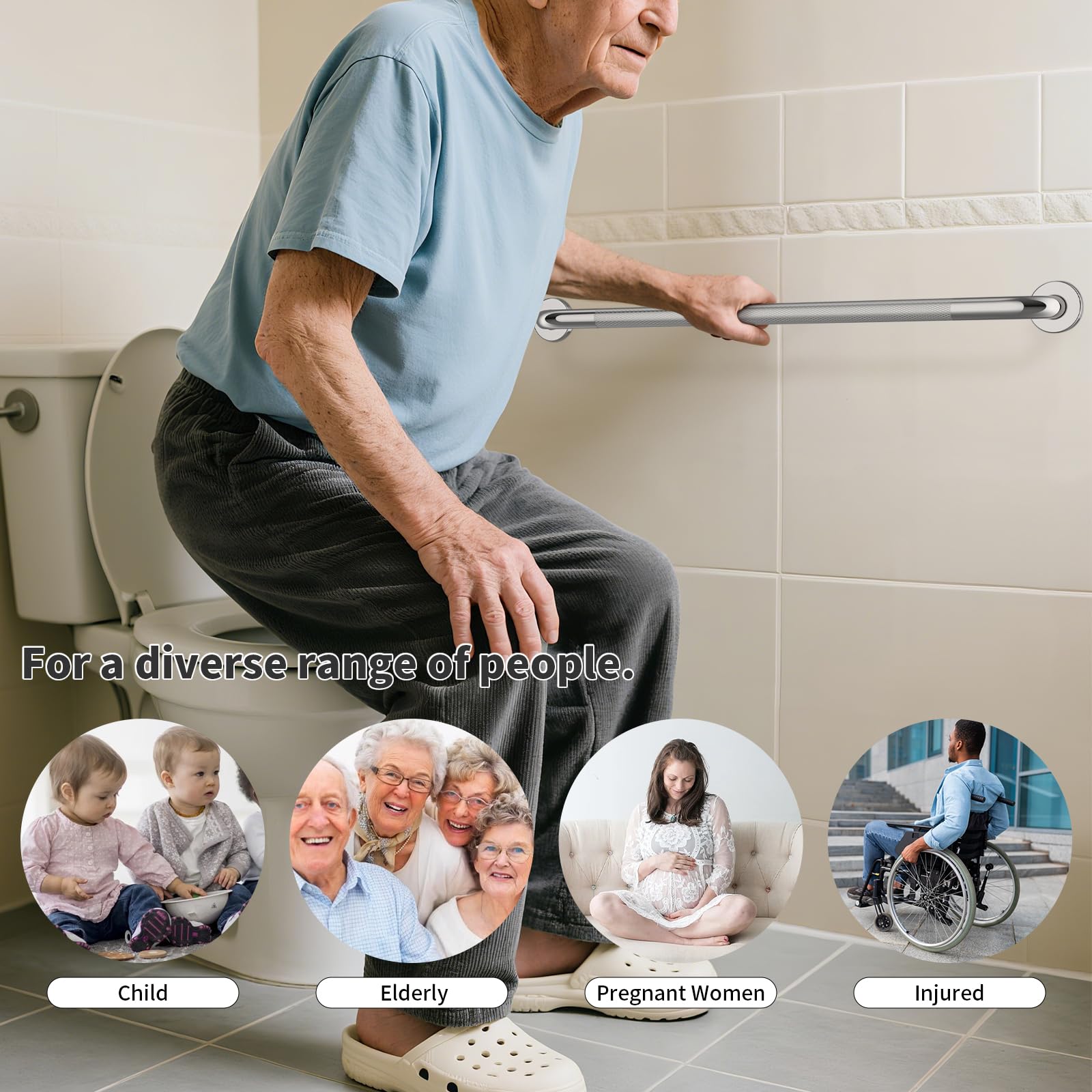 Munzong - Barra de agarre antideslizante para ducha, barra de agarre para duchas, barra de equilibrio moleteada de níquel cepillado para discapacitados, soporte de barandilla de seguridad para