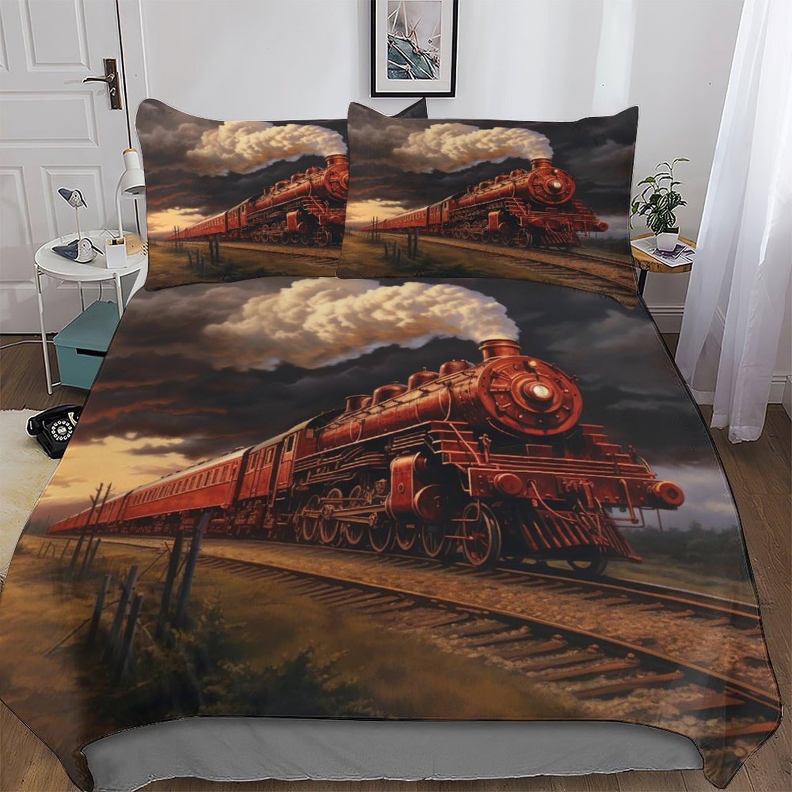 Housse de Couette Train à Vapeur 3D en Microfibre Anti-Plis pour Enfant et Adulte Lit King