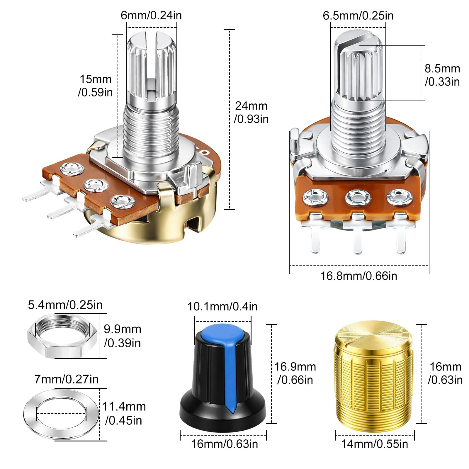 111Stück Potentiometer Kit, Potentiometer Mono Linear B1K B5K B10K B20K B50K B100K B250K B500K B1M Ohm WH148 Drehpotentiometer, 3 Klemmen B Typ Einzelpotentiometer mit Muttern, Unterlegscheibe, Knopf