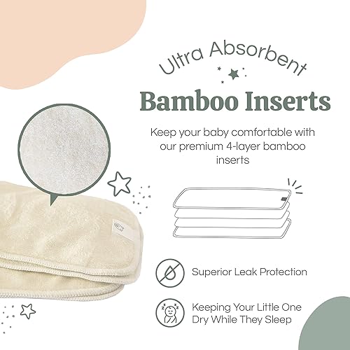Miniatura 3 de LA PETITE OURSE 4 pañales impresos de tela a presión de tamaño único con 8 inserciones de bambú de 4 capas + 1 bolsa húmeda gratis, para bebés que