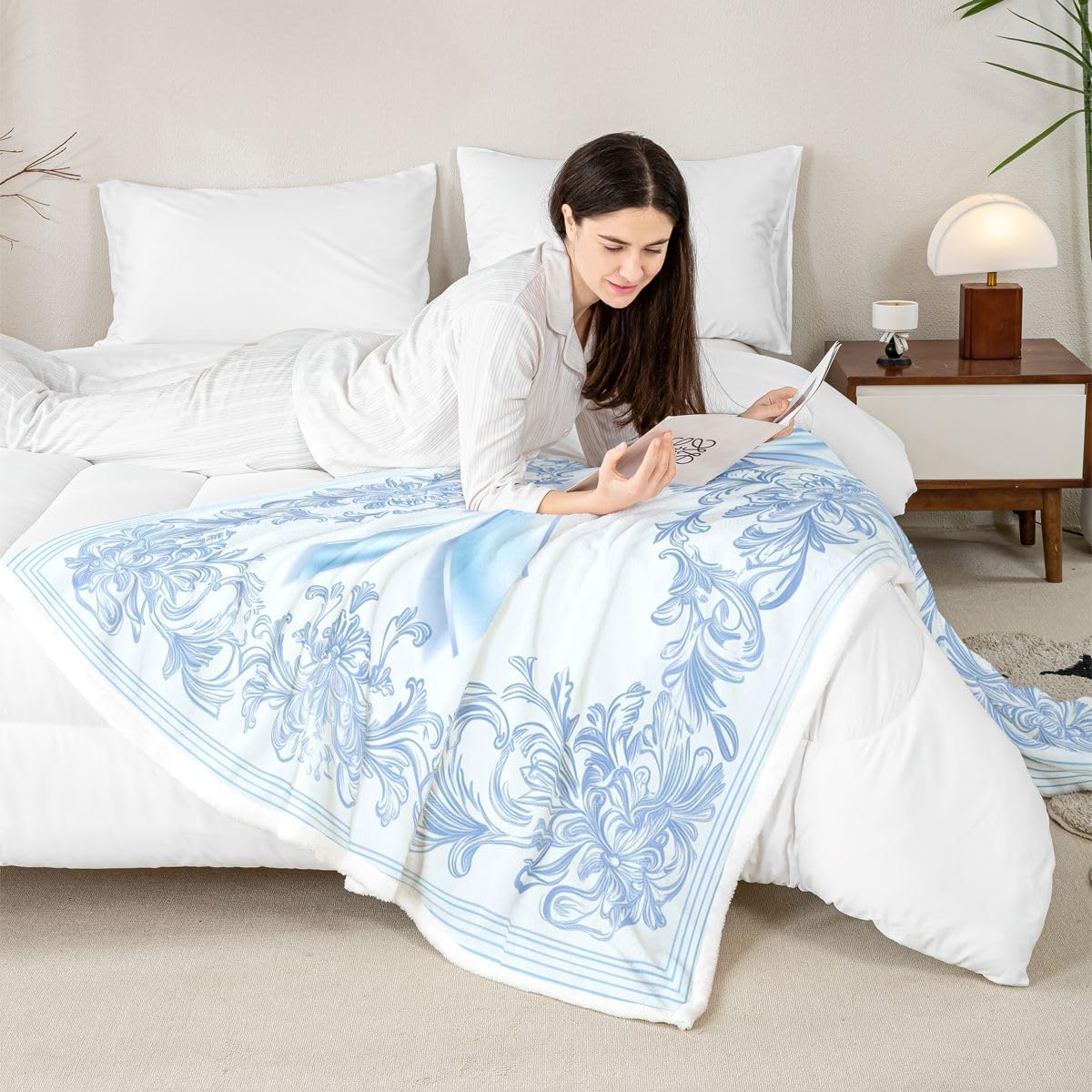Blue Bowknot Throw Blanket for Kids,Damask Flower Fleece Throw Blanket for Bedroom Sofa Dorm Decor,Luxury Ribbon Bow Lightweight Bed Blankets,40 x 50 Inches image 4