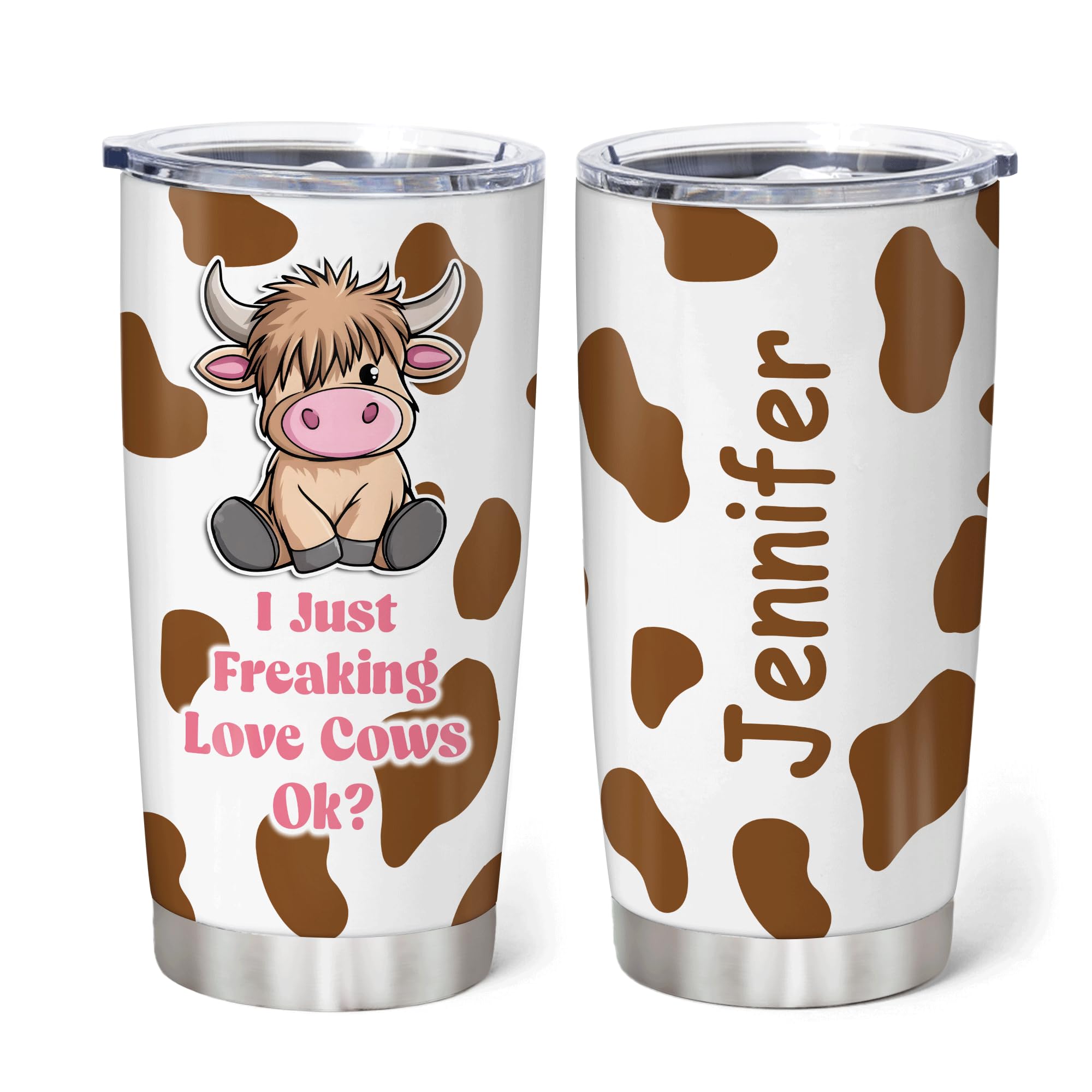 Hyturtle Personalized Gifts For Highland Cow Lover - Birthday Christmas - I Just Freaking Loves Cows OK Custom Name Stainless Steel 20oz Tumbler With Lid - Cow Heifer Lover Gift For Her Women Girl