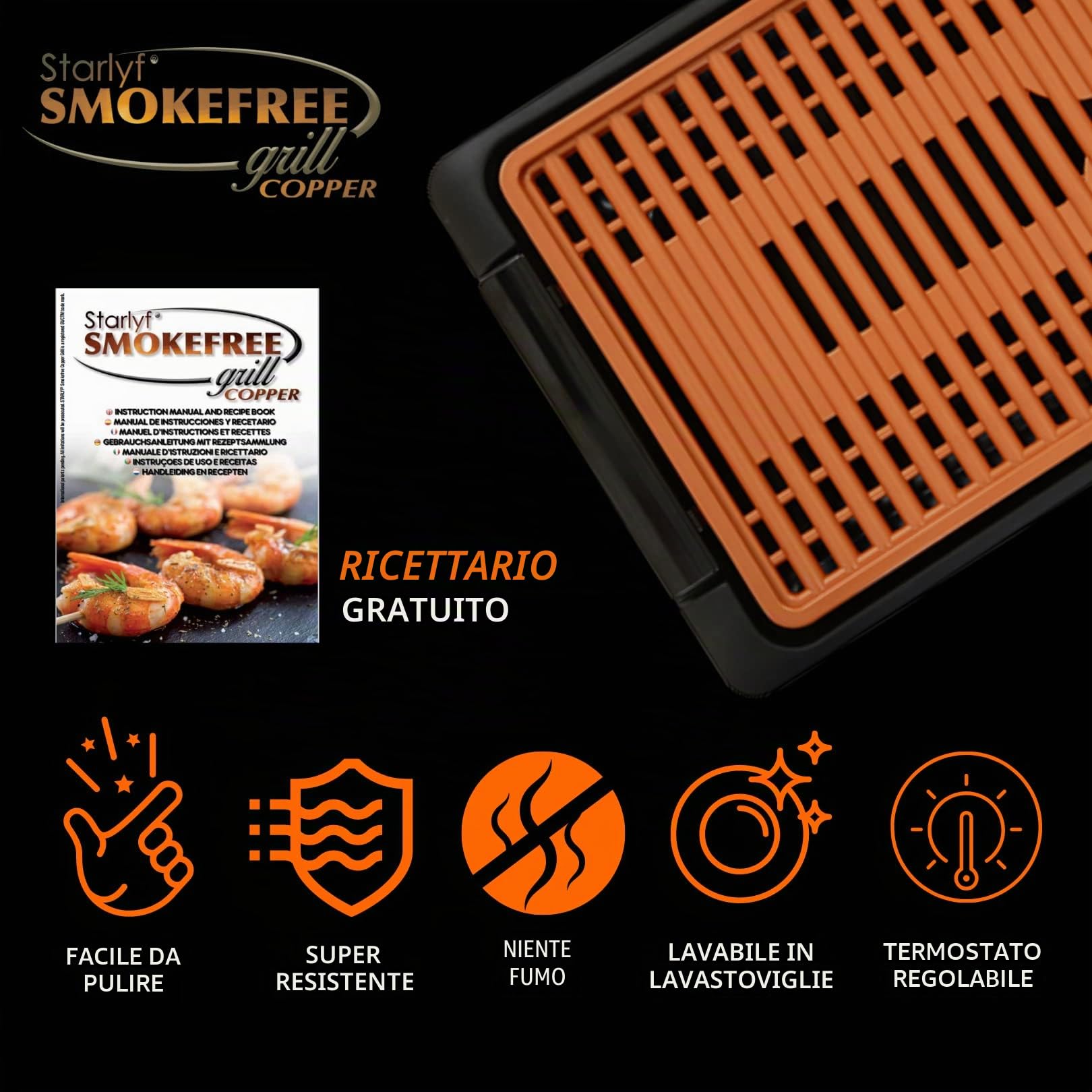 Griglia Elettrica Senza Fumo STARLYF Smokefree Grill Cooper, Nuovo design, 1250W, Griglia No Fumo Carne Pesce e Verdure Grigliate Cucina Barbecue (Griglia Elettrica Rame)