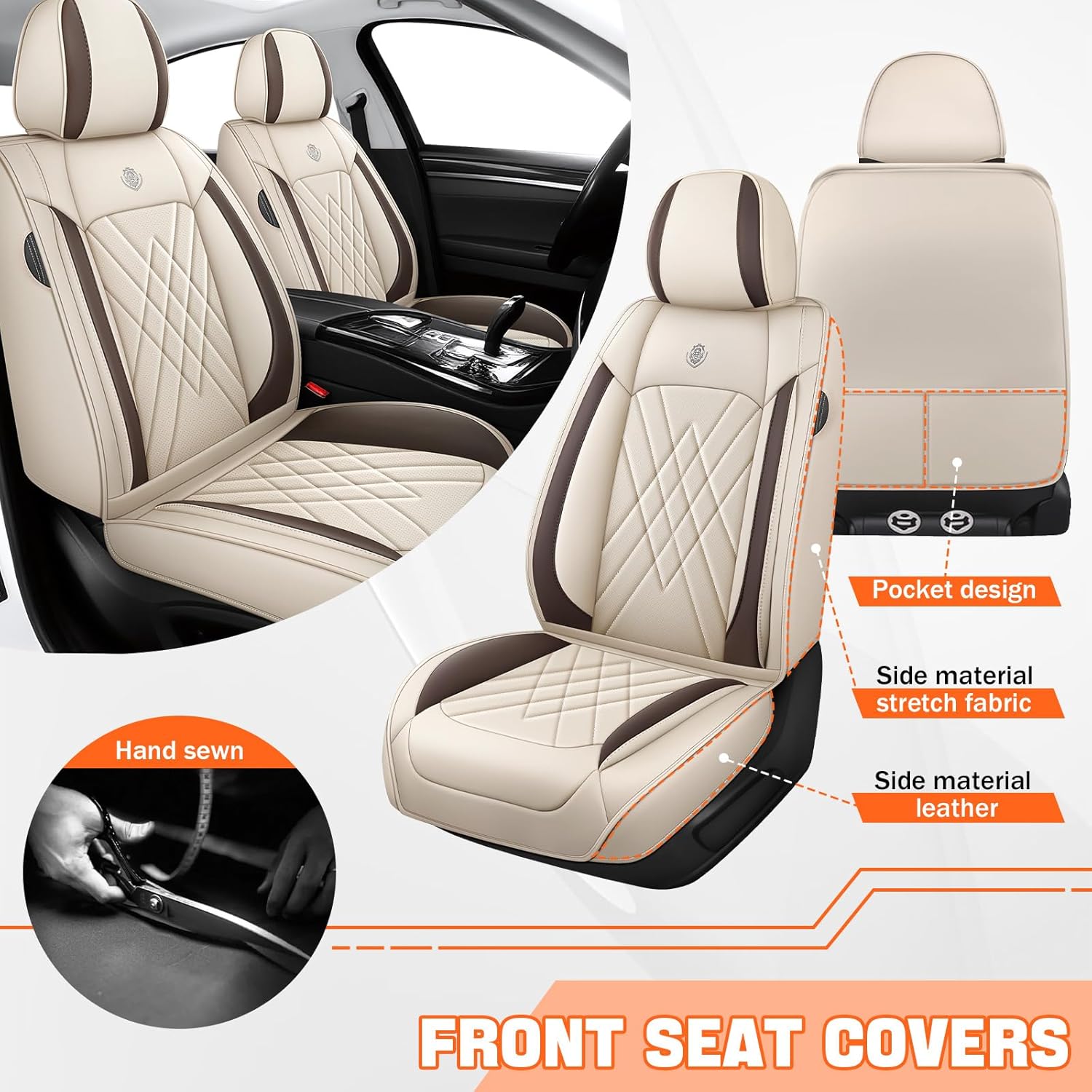 Car Seat Covers Compatible with Jeep Liberty 2002-2012 Durable Waterproof Automotive Seat Covers Stretchable Fabric Material, Airbag Compatibility, Premium Nappa Leather(Full Set, Beige Brown)