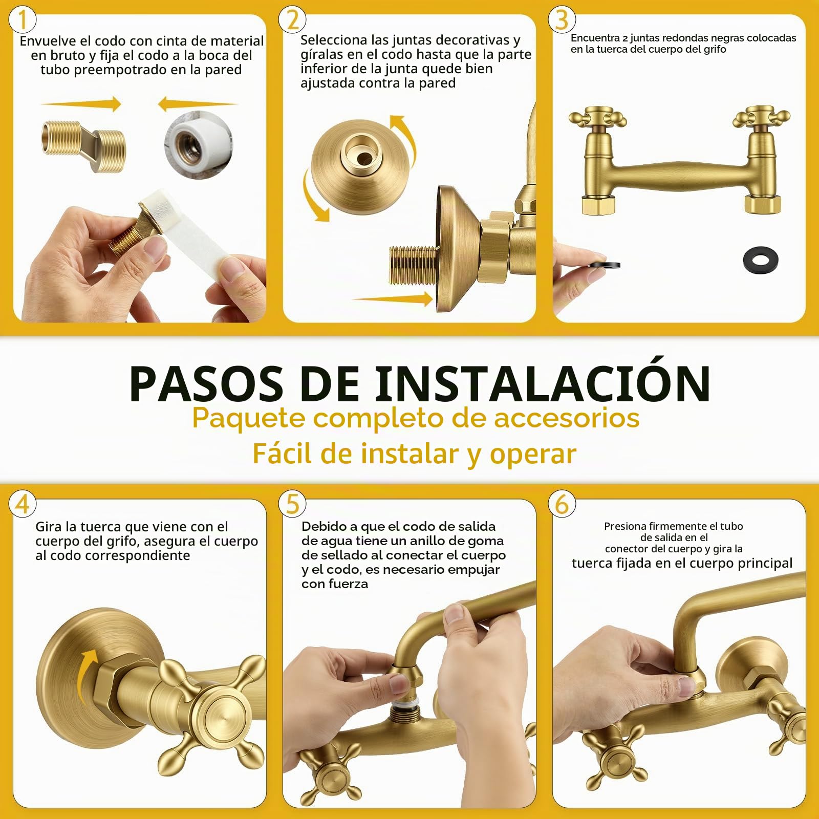 Grifo de pared para lavabo de baño en latón envejecido, mezclador vintage de pared para fregadero de cocina, giratorio 360°, doble maneta para grifo de cocina y baño, caño 25 cm