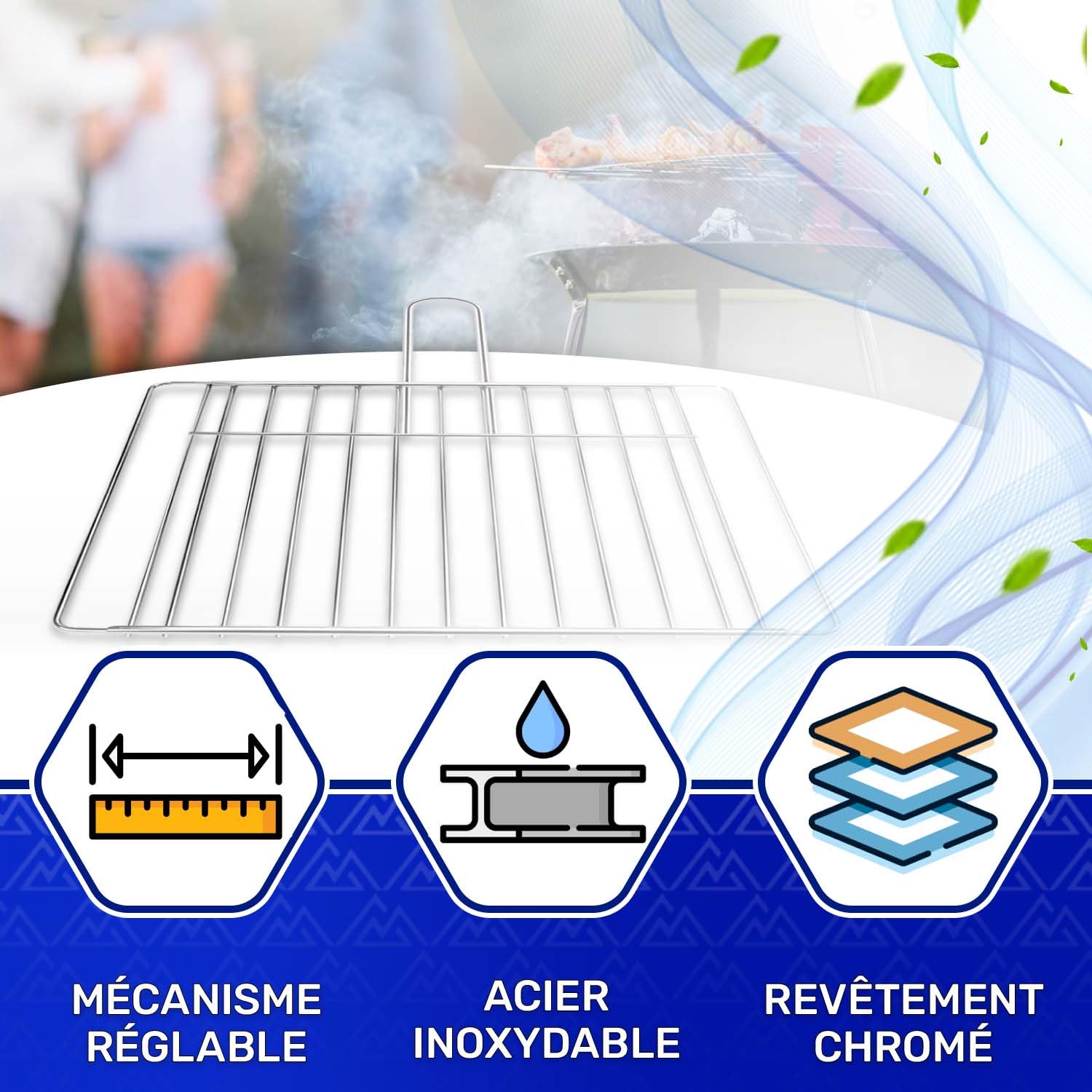 Grille de barbecue coulissante de 38 cm à 64 cm x 32 cm en acier inoxydable chromé et équipée de vis à tête fraisée et clé de montage – Fabriqué en Italie – Garantie 10 ans MONTERAL