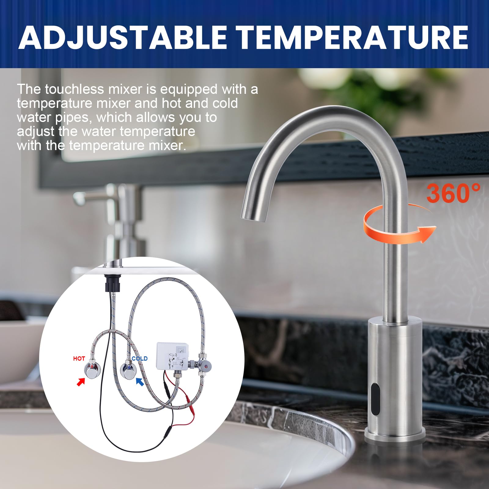 Robinet de Lavabo Sans Contact Automatique à Capteur pour Salle de Bain, Nickel Brossé