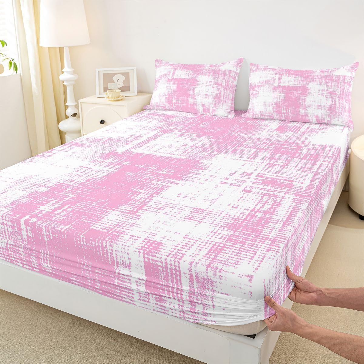 jejeloiu Pink Abstract Art Bed Sheets Set Twin Size Luxury Bed Set for Kids Boys Girls Modern Art Deep Pocket Fitted Sheet Breathable Soft Lightweight Microfiber