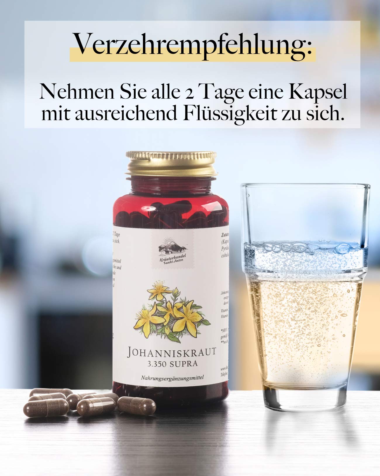 KRÄUTERHANDEL SANKT ANTON - Johanniskraut Kapseln - 1,04 mg Hypericin - Hochdosiert (3.350 mg pro Kapsel) - Hypericin - Vitamin B6 und B12 - Deutsche Premium Qualität (150 Kapseln)