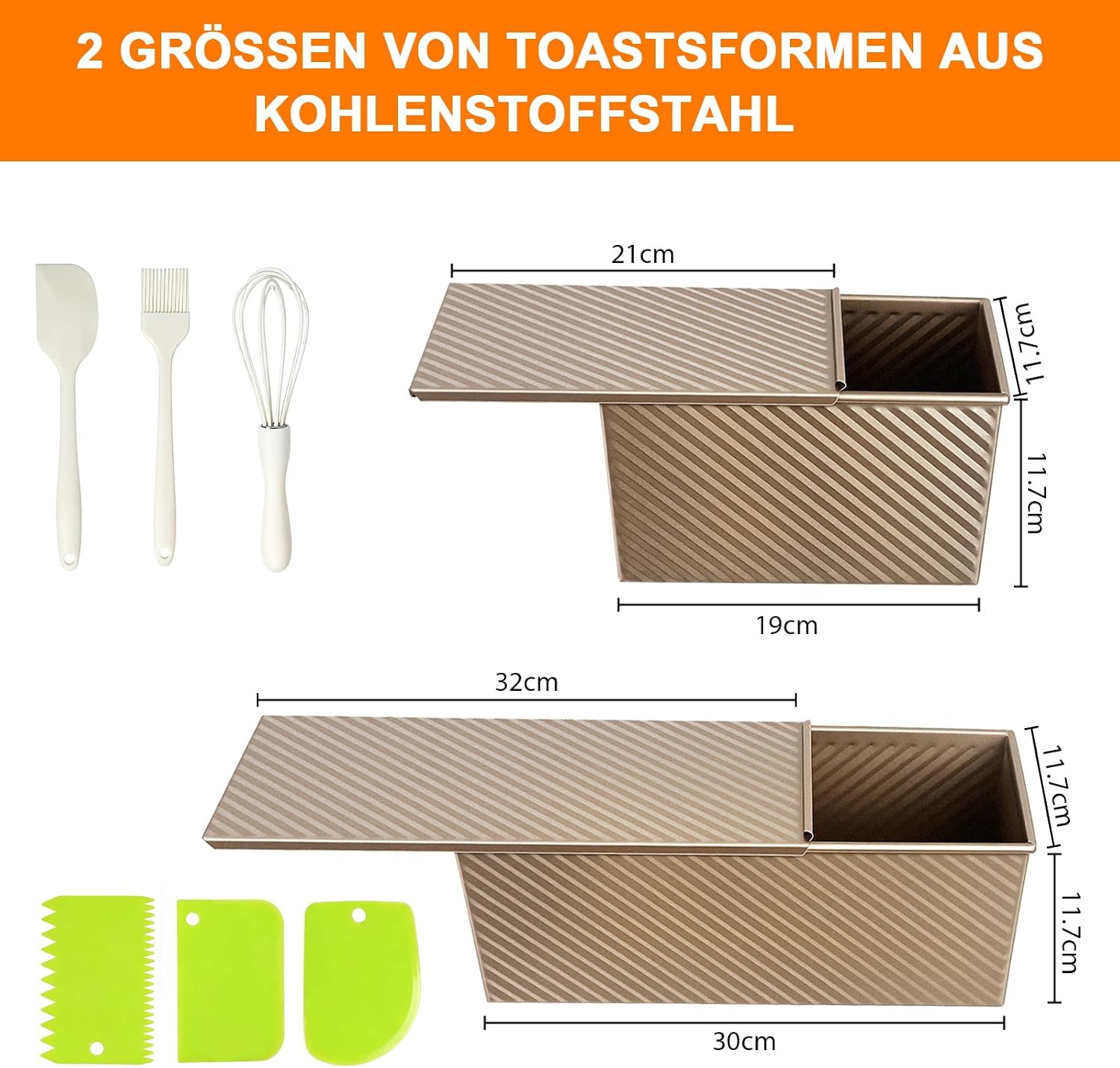 Bread Baking Mould with Lid, Pack of 2, Non-Stick Toast Bread Baking Mould with Dough Cutter, Pullman Loaf Tin Made of Carbon Steel for Bread, Sandwiches and Toast, 1000 g and 450 g image 2