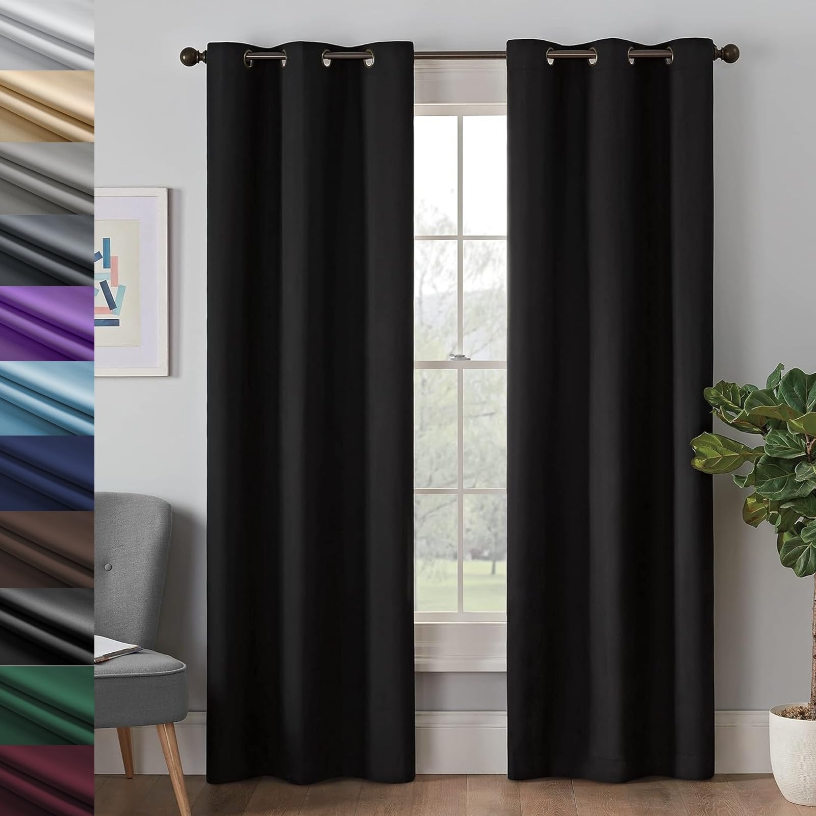 LEPINGJIA Blackout Curtains 145 x 250cm Uv Block And Privacy Protection Solid Curtains For Kitchens, Thermal Insulated Eyelet Curtains, for Bedroom and Living Room Set of 2 Panels, Black