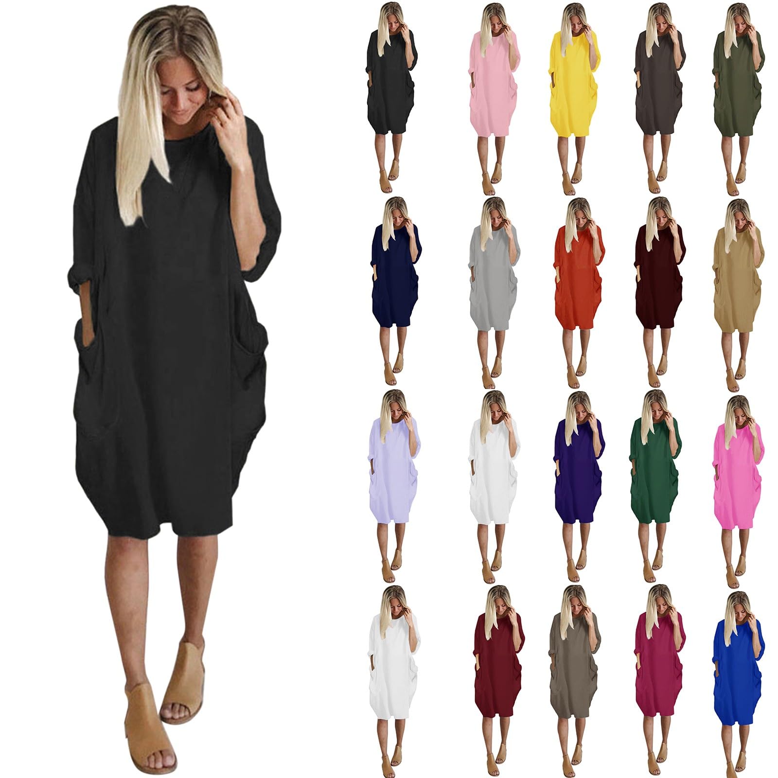 GenericSolid Color Pockets Loose Dress Loose Comfy Round Neck Casual Knee Length Dress Mid Sleeve Simple Dresses for Women