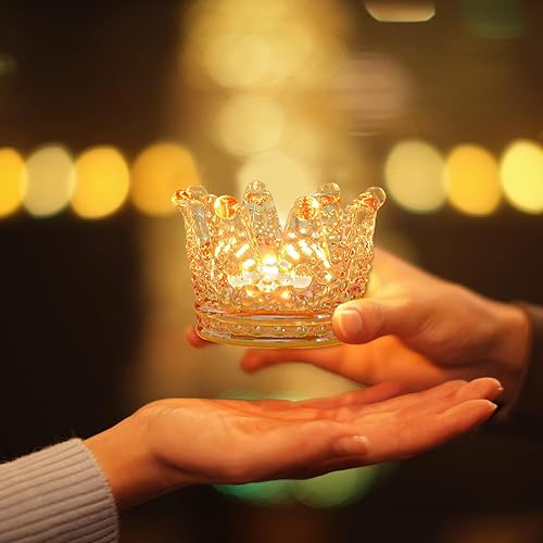 Vista 2 de Rancco Portavelas votivas para centro de mesa, 12 portavelas de cristal dorado para candelitas, románticos portavelas de cristal para deshierbe