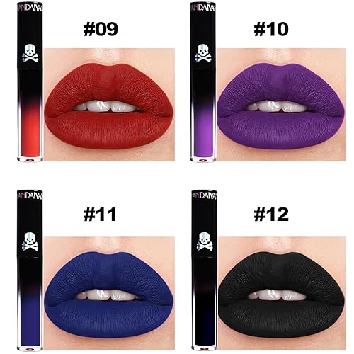 Miniatura 3 de Juego de 4 lápices labiales líquidos color rojo oscuro, morado, azul y negro, mate, de larga duración, 24 unidades de brillo labial impermeable,