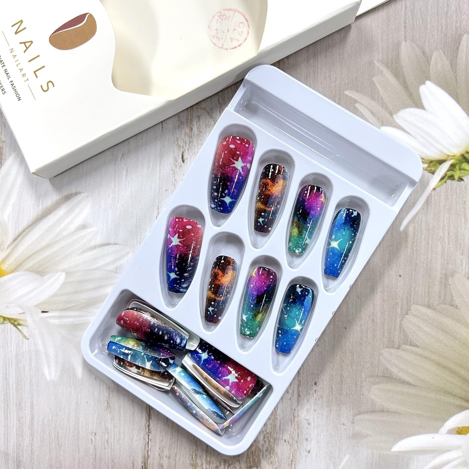 24Pcs Glitter Starry Nails, Acrylic Full Cover Coffin Nails - Medium Press ons, Ballet Tip Design, Colorful Starry Sky, 1 g (Pack of 1) - Image 4