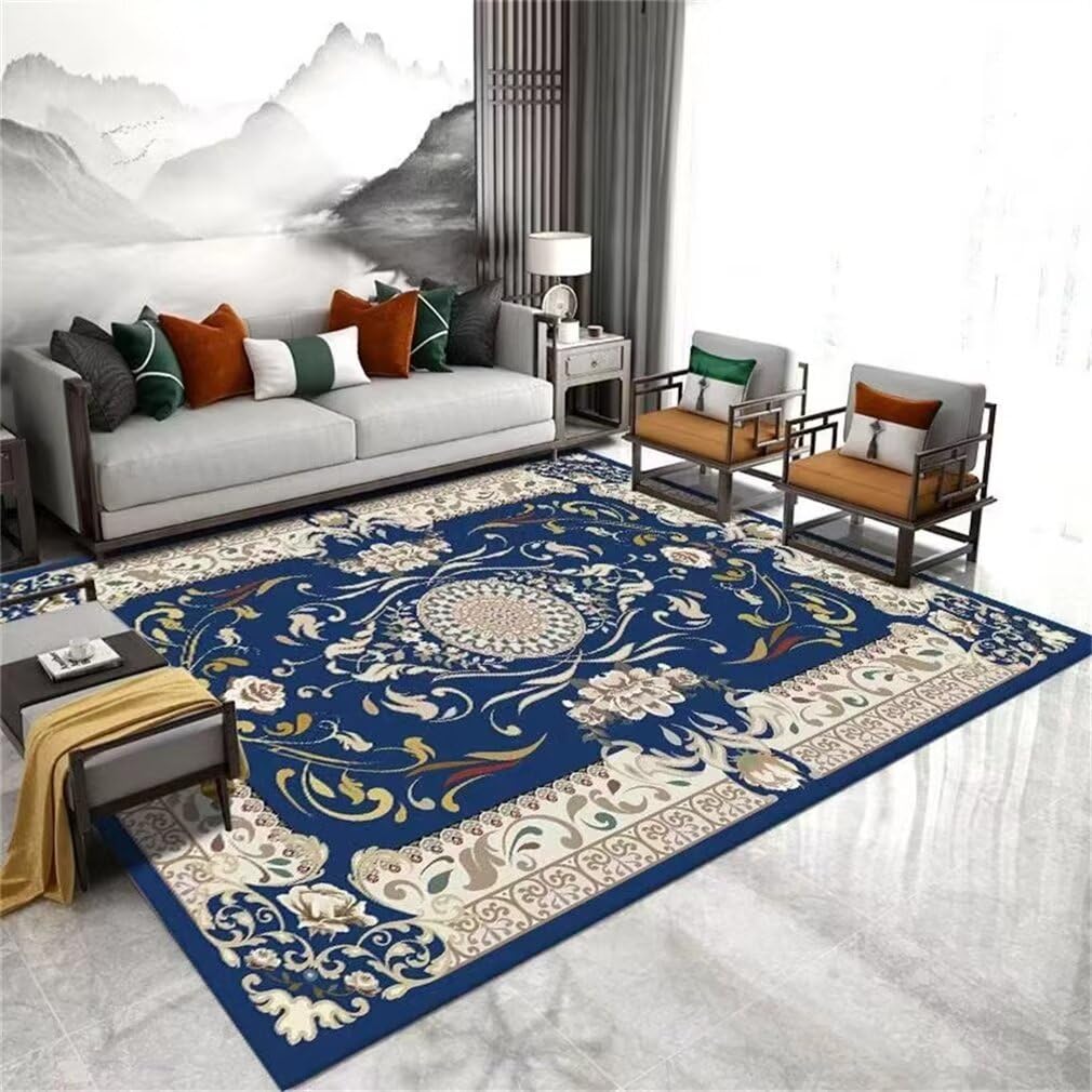 Tapis de salon bleu lavable pour hall et grand séjour