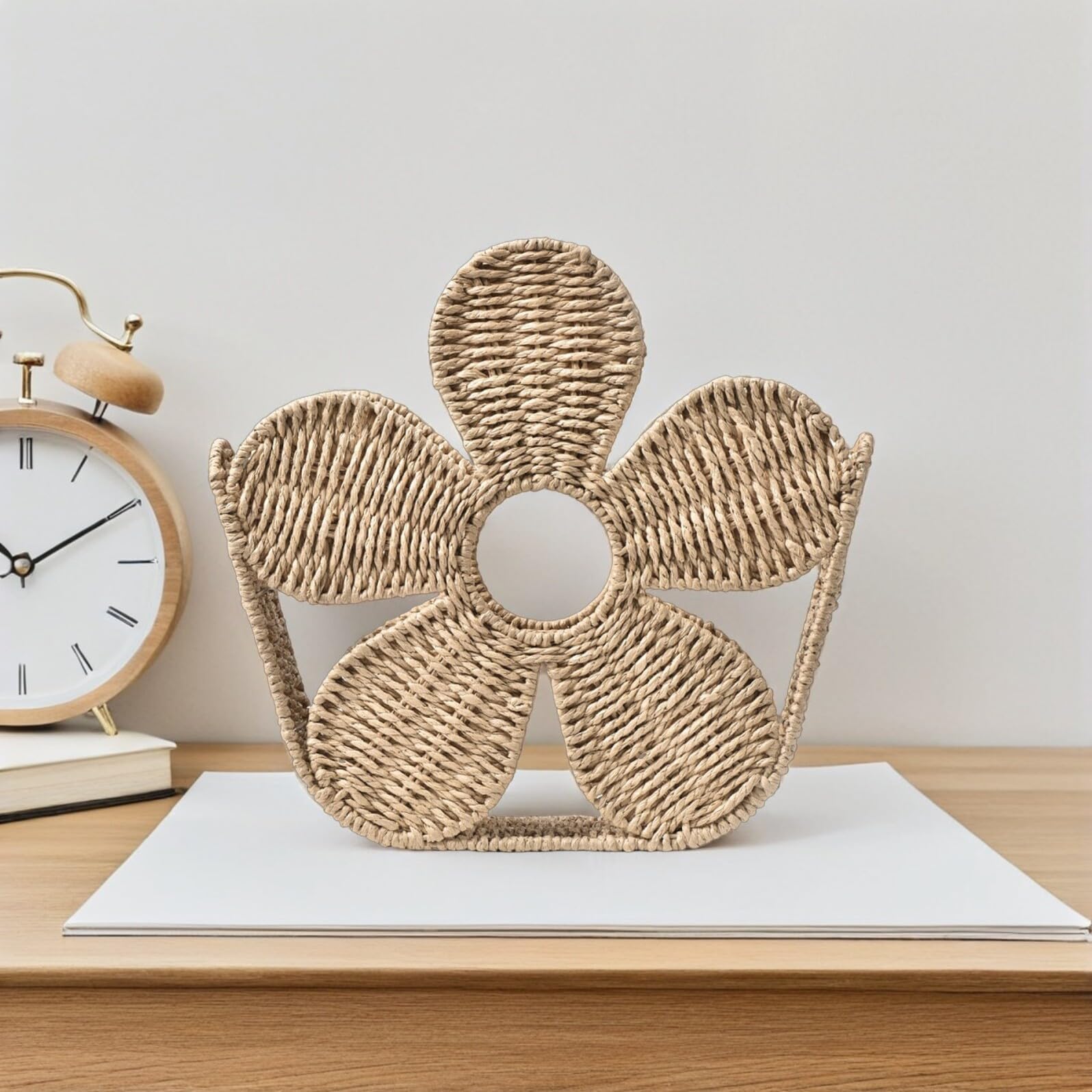 Woven Magazine Holder Kosz Czasopisma z Papierowej Liny Pleciony Koszyk Kształcie Kwiatu Organizer Biurko Do Przechowywania Dokumentów i Sortowania Listów Boho Stojak Magazyny
