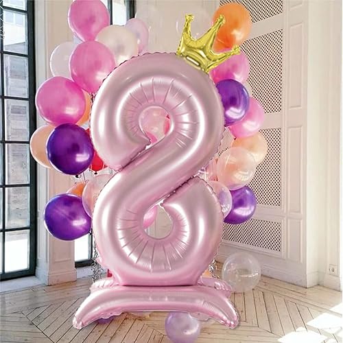 Miniatura 3 de Tellpet Globo rosa con corona número 8 con base para decoración de fiesta de cumpleaños número 8 para niñas