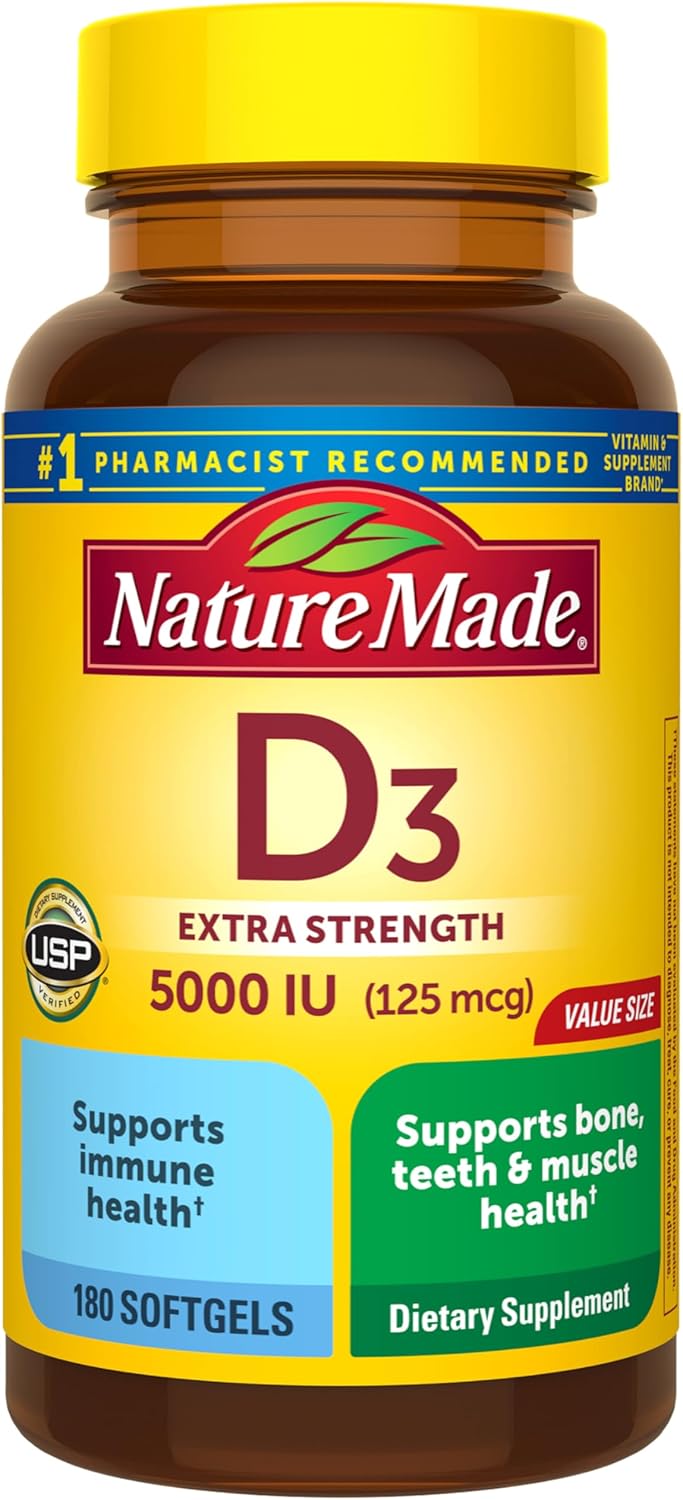 Nature Made Extra Strength Vitamin D3 5000 IU (125 mcg), Dietary Supplement for Bone, Teeth, Muscle and Immune Health Support, 180 Softgels, 180 Day Supply
