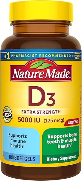 Nature Made Vitamin D3 5000 IU (125 mcg) Softgels, Extra Strength Vitamin D Supplement for Bone and Immune Health Support, 180 Count, 180 Day Supply