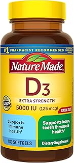 Nature Made Vitamina D3 extra fuerte 5000 UI (125 mcg), suplemento dietético para huesos, dientes, músculo e inmunidad, 180 cápsulas blandas, suministro para 180 días