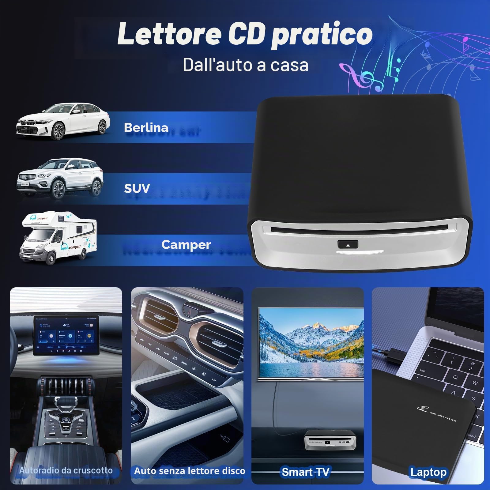 Lettore CD/DVD USB esterno per auto, laptop, TV - Lettore CD Plug & Play con porta USB, unità ottica portatile per autoradio, computer, lettore multimediale - Dispositivo di navigazione originale