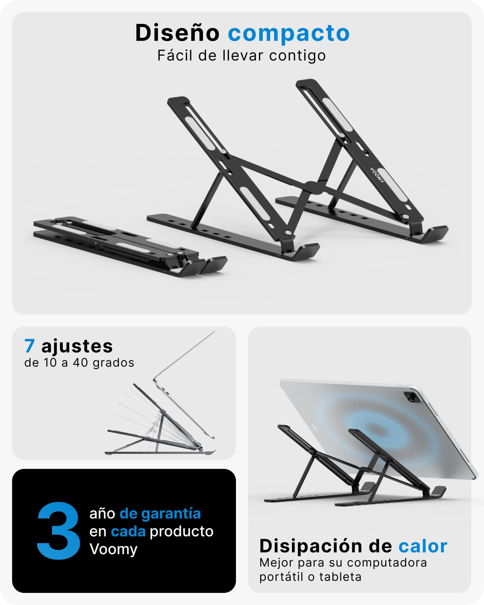 Voomy Soporte Portatil Mesa, Base 6 Ángulos Elevador Ajustable, Laptop Stand 9-16" de Aluminio para Portátil, Macbook, Notebook, Ordenador, Negro