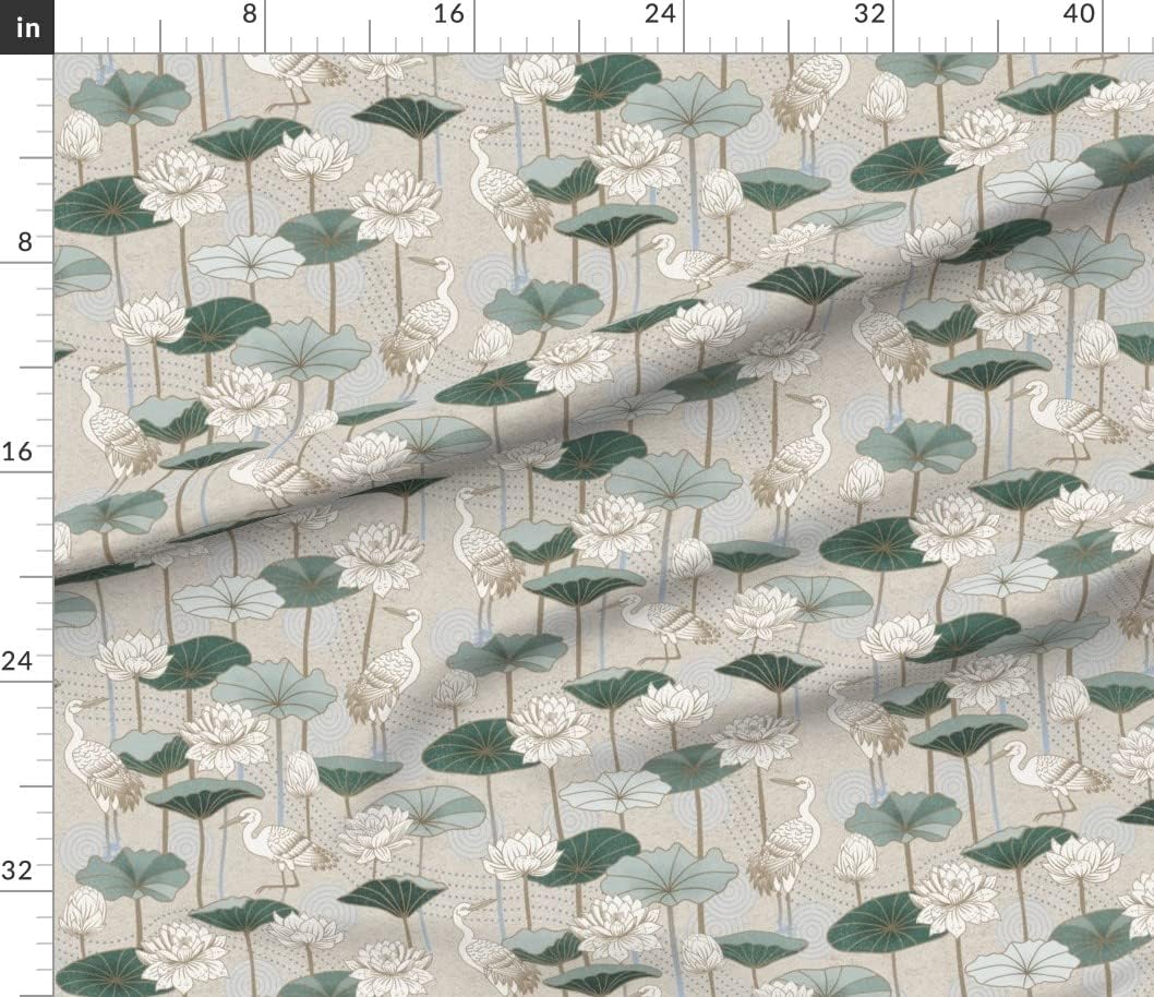 Spoonflower Fabric - White Lotus Cranes Green Asian Floral Birds Deco Printed on Petal Signature Cotton Fabric by The Yard - Sewing Quilting Apparel Crafts Decor