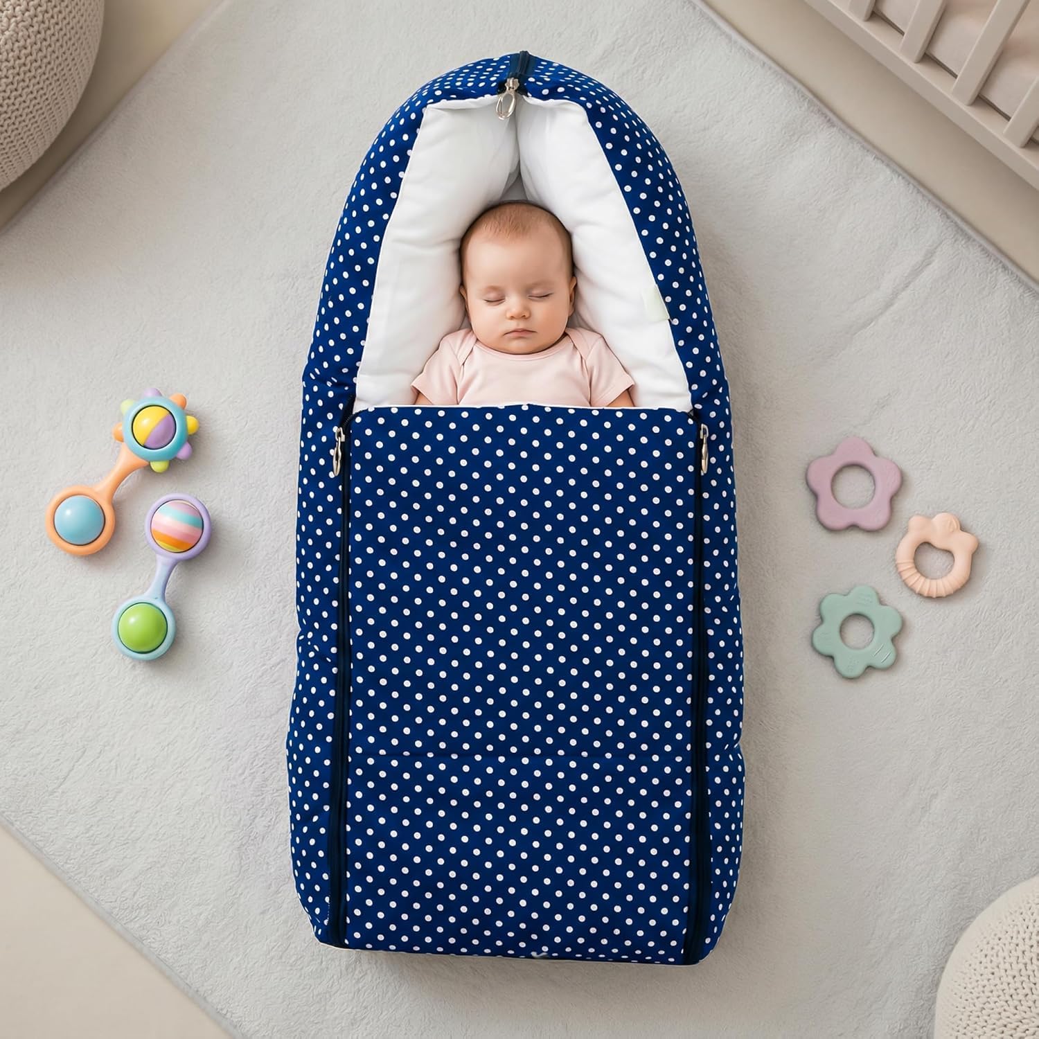 Sleep Bag 3-in-1 Bed & Sleeping Bag Portable Cotton 0-12 Months Portable, Travel Friendly Bassinet Nest & Sleeping Bed Dark Blue