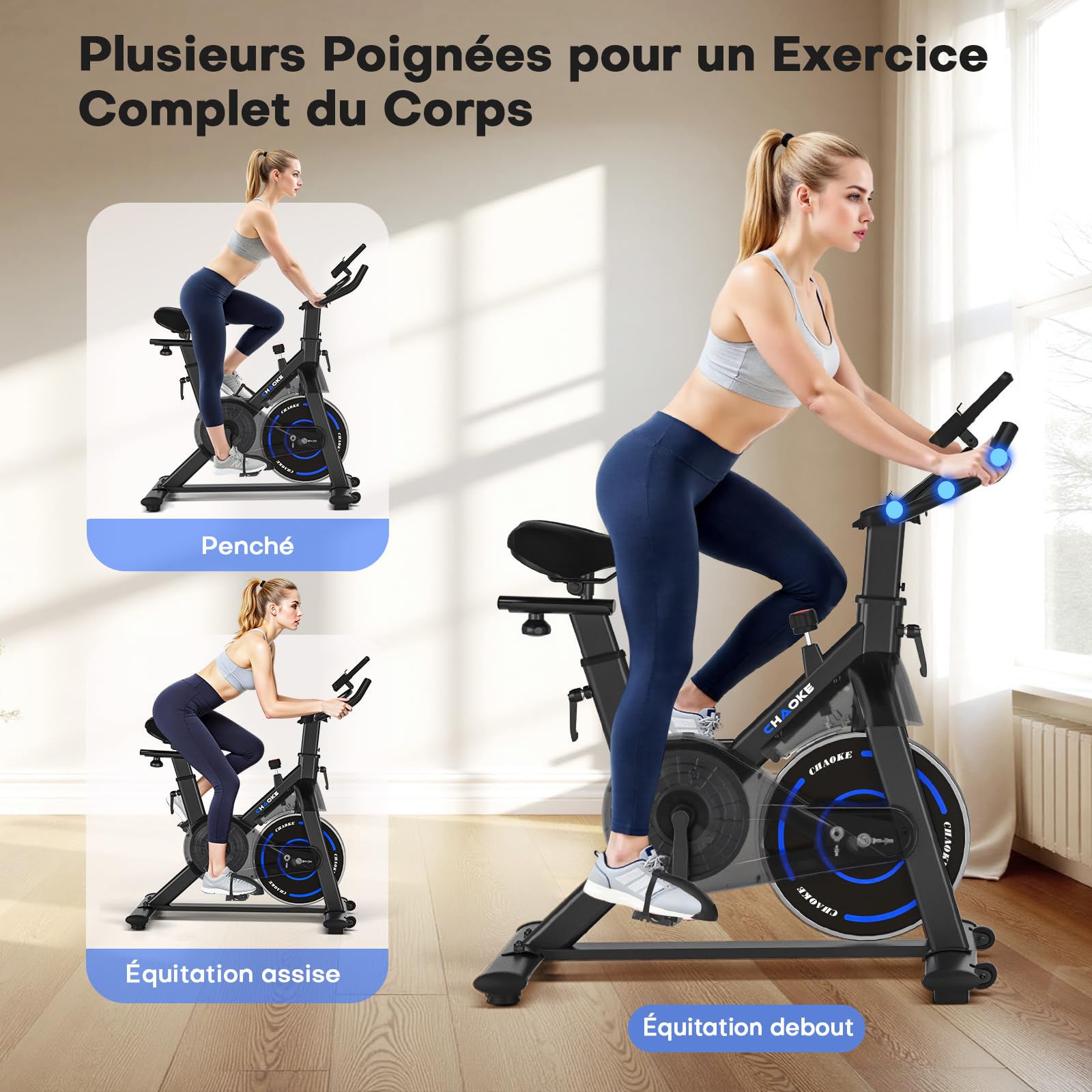 CHAOKE Vélo d'appartement Silencieux Résistance Magnétique Réglable App écran LCD Capacité 150KG