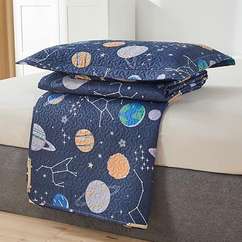 Miniatura 7 de Space Bedding - Colcha de tamaño individual, colcha de galaxia de verano, constelación astronómica, planeta, funda de cama para niños, manta ligera