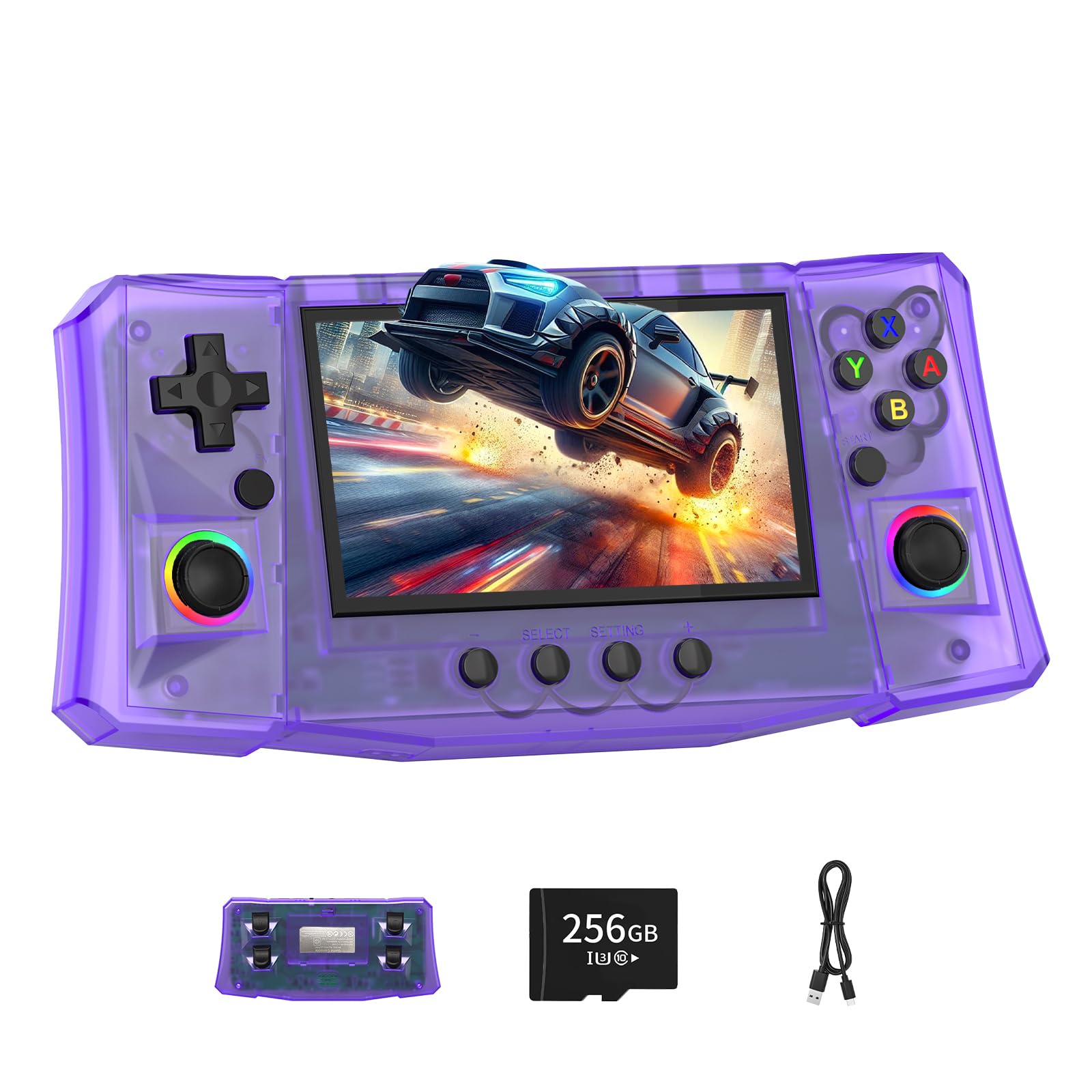 FHYRGF[50000 in 1] R50S Ultra Handheld Game Console 4.5 inch IPS Screen Mini Retro Console 4000mAh Portable Pocket 45+ Mainstream Emulator 256G TF Card Transparent.(Purple)