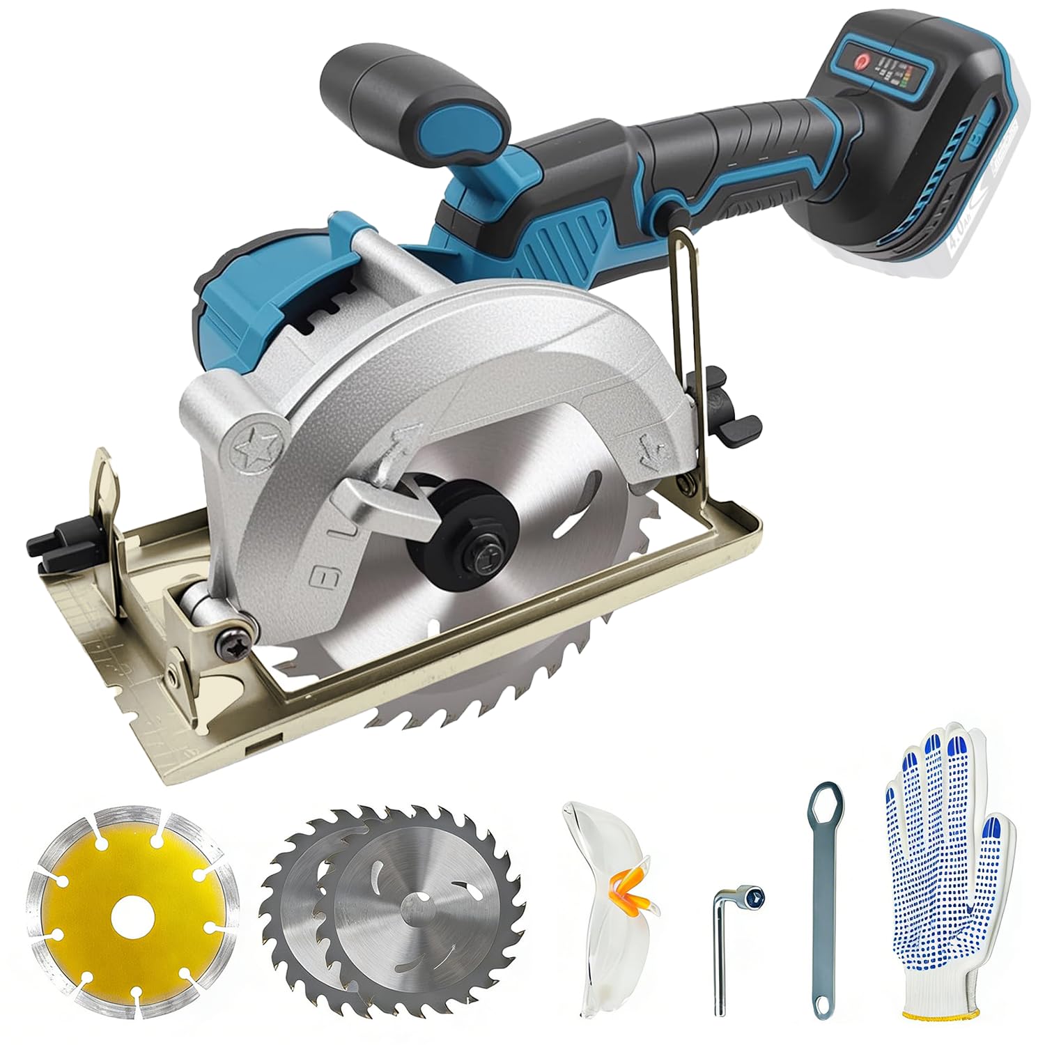 Mini Sierra Circular para Makita de 18V, Sierra Circular de Mano Sin Escobillas con 3 Hojas de Sierra,Gafas,Guantes y 2 llaves,Corte de Inglete de 0 a 45° para Azulejos,Madera,Plástico (Sin Batería)