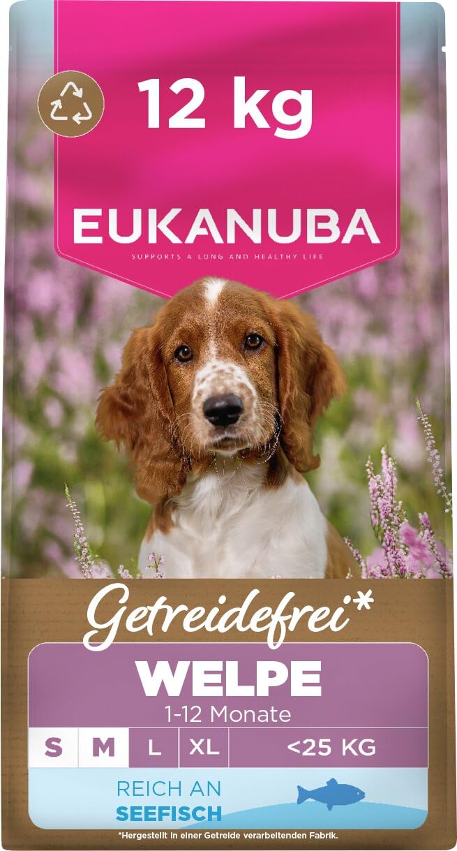 Eukanuba Welpenfutter getreidefrei mit Fisch für kleine und mittelgroße Rassen, Premium Trockenfutter ohne Getreide für Junior Hunde, 12 kg