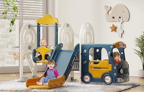 Miniatura 9 de BIERUM Tobogán para niños pequeños de 1 a 3 años con aro de baloncesto y columpio, tobogán de bebé para niños, regalo ideal, parque de juegos para