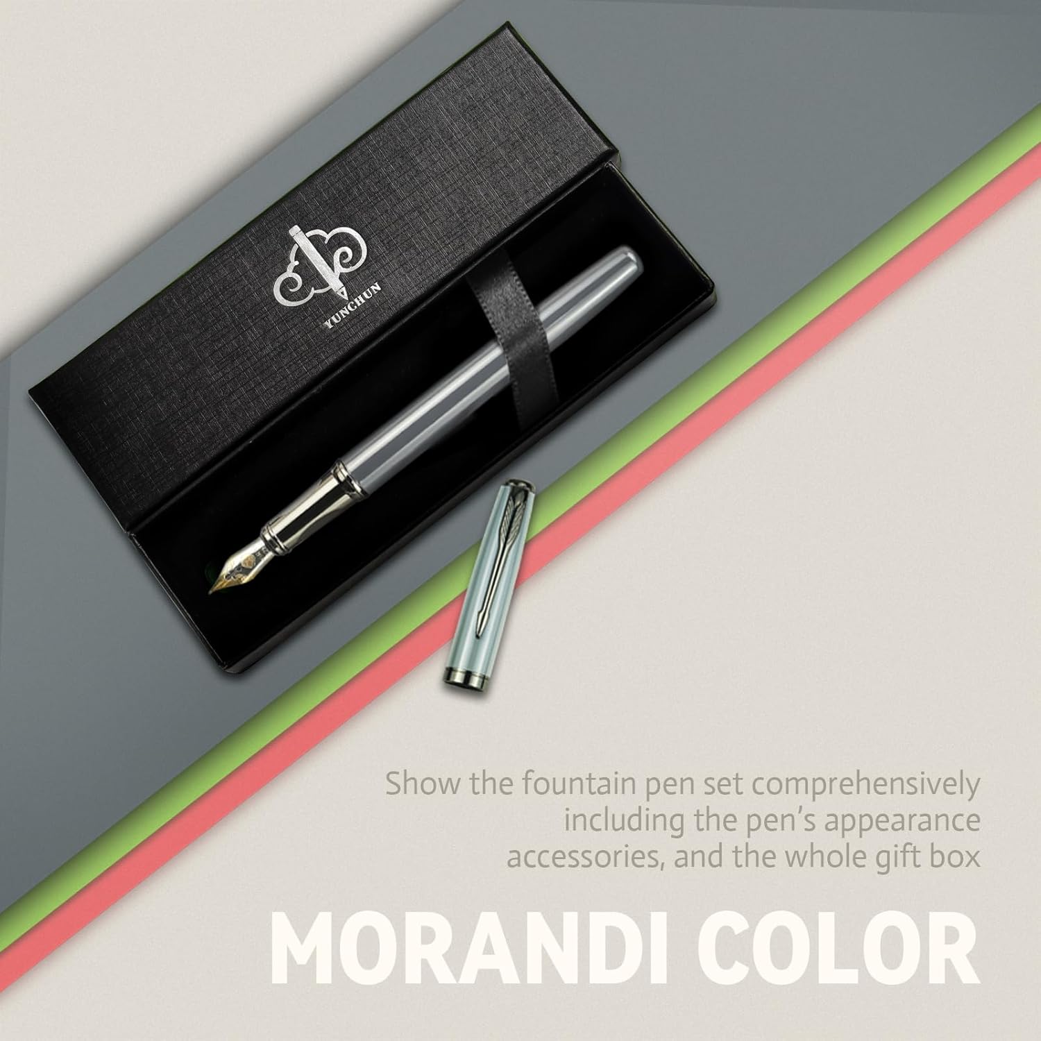 YUNCHUN Fountain Pens Set for Writing, Fancy Medium Nib Ink Pens of Morandi Color with 5 Black and 5 Blue Refills Cartridges, Best Pen Gift Set for Men & Women, Office Professional Pen for Work, Gray - Image 6