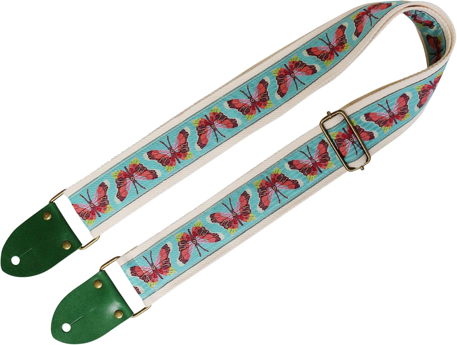 MUSIC FIRST Original Design, 2 inch width (5cm), Blue Butterfly Electric Guitar Strap Bass Strap With Genuine Leather Strap End (Leather Made In Italy) (Blue Butterfly)