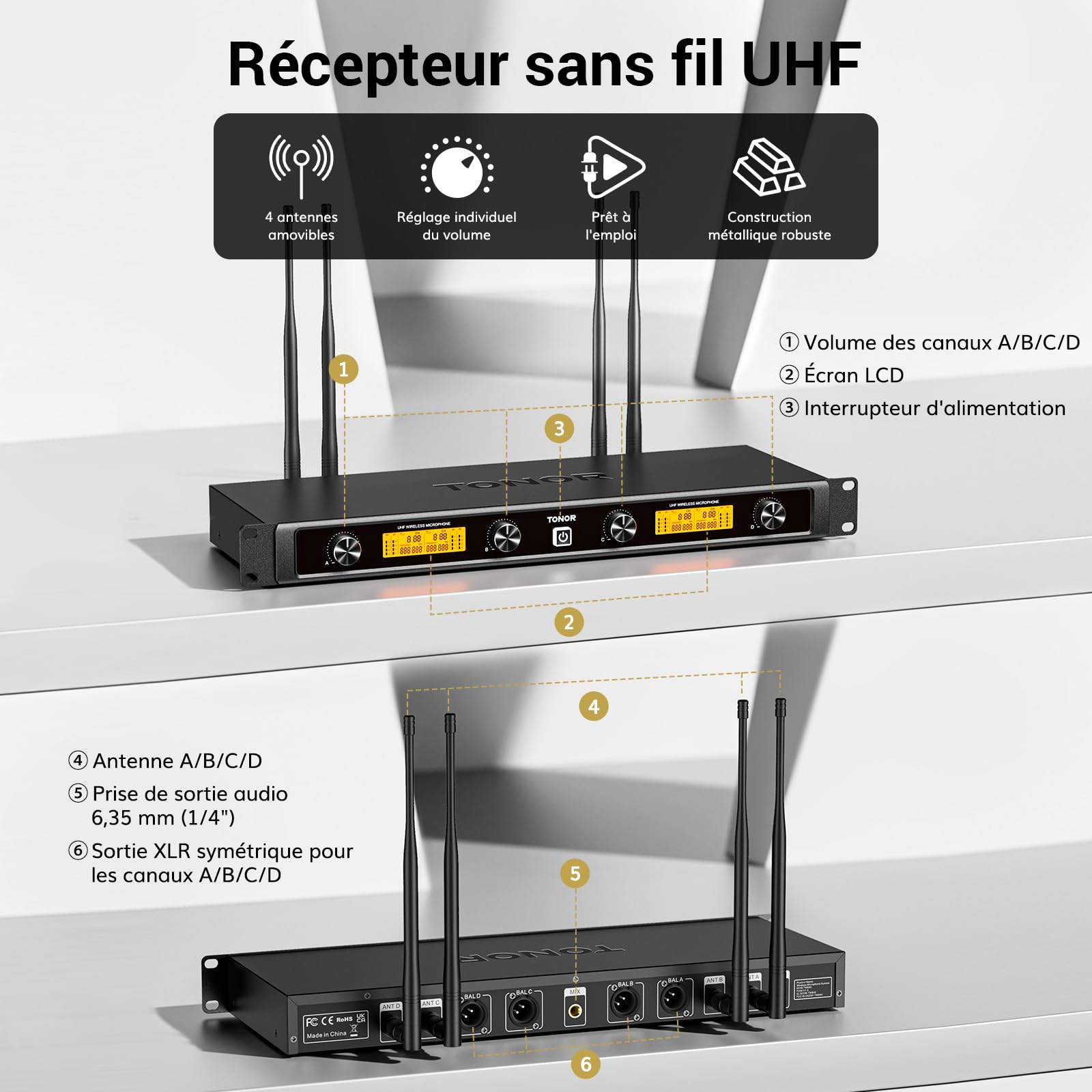 TONOR Système de Micros sans Fil avec 4x5 Canaux, Microphones à Main sans Fil en Métal, 4 Antennes pour Une Portée de 90m UHF, Signal Stable pour Le Chant, la Fête, l'église, Le Karaoké, Argent